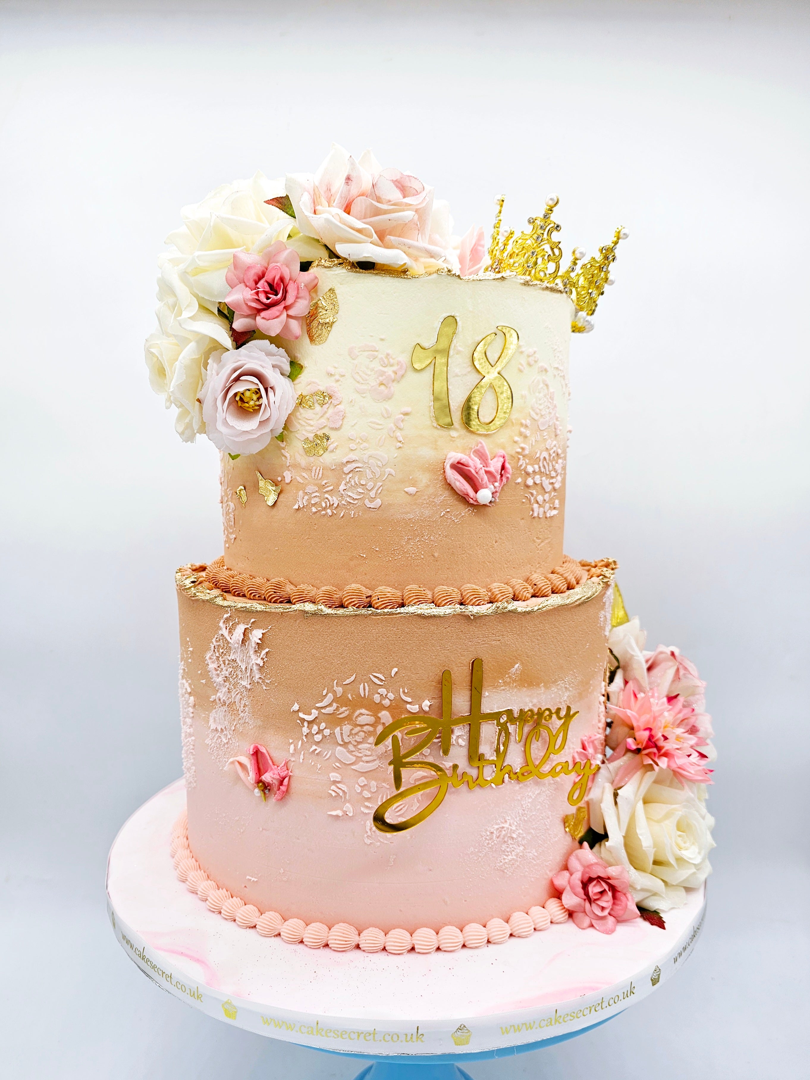 Elegant Ombre Birthday Cake with Gold Details and Artificial Flowers - Cake Secret