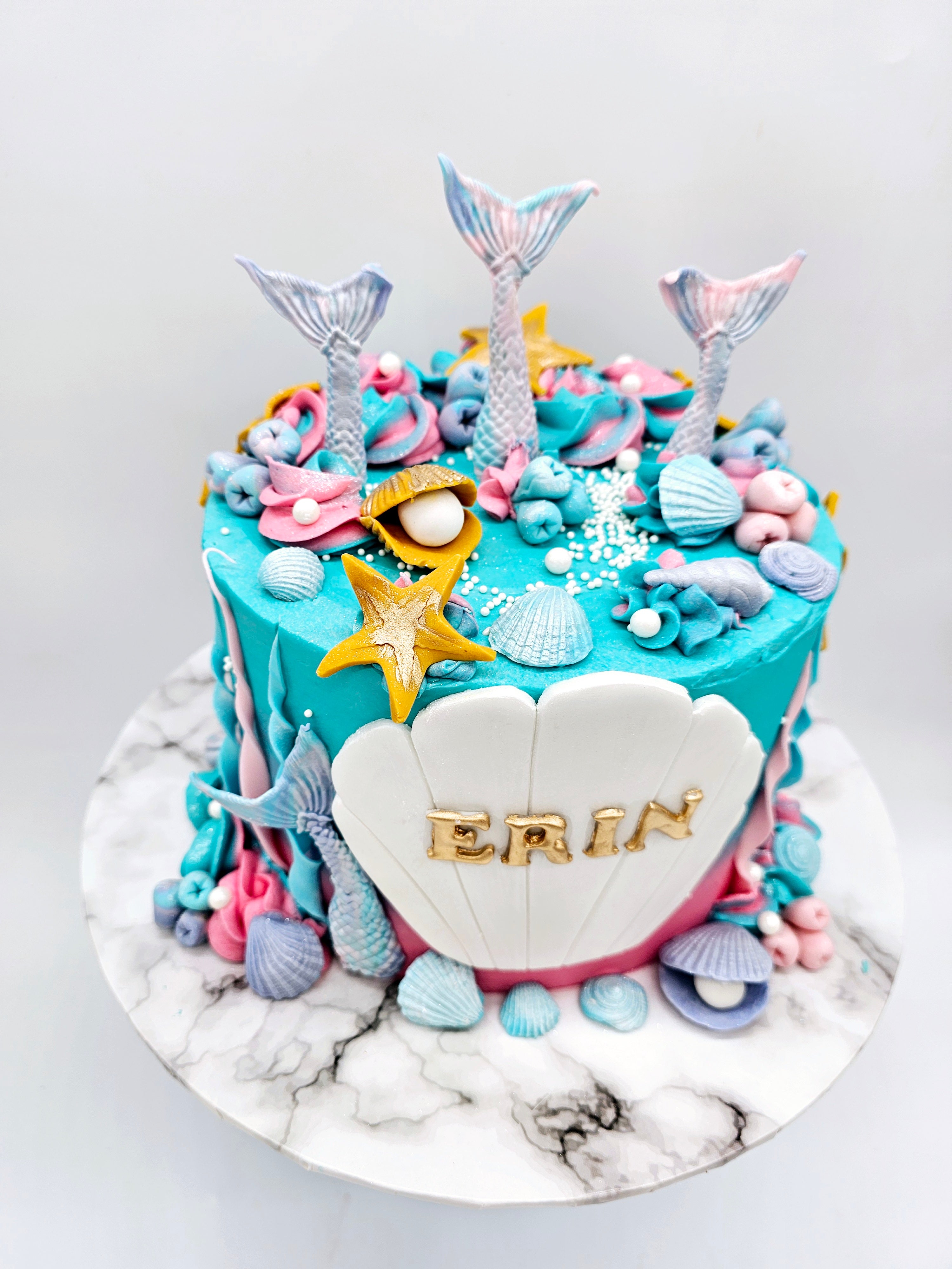 Mermaid-Themed Birthday Cake with Buttercream Finish and Edible Sugar Decorations - Cake Secret
