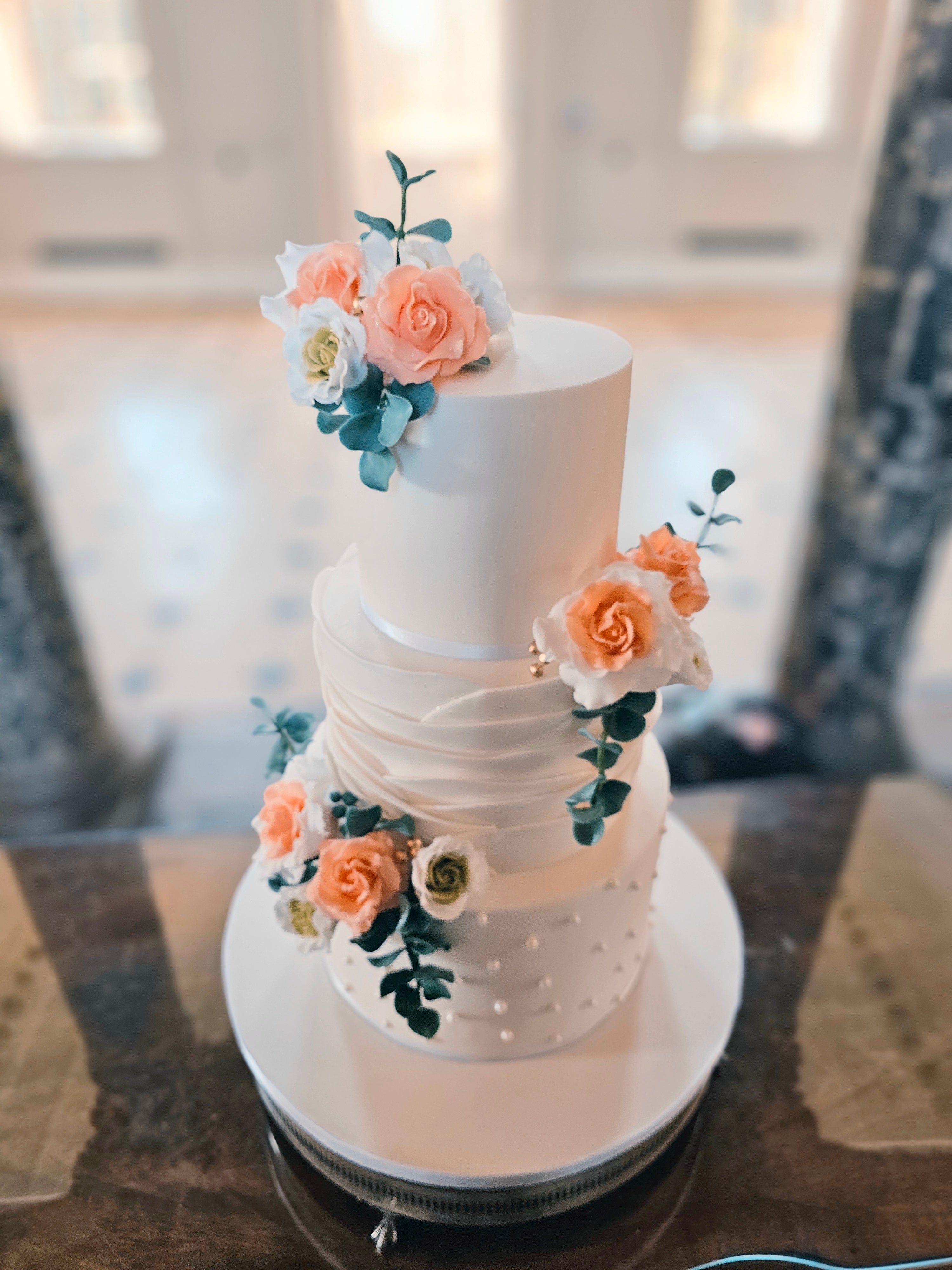 Luxury Sugarpaste Wedding Cake with Ruffle Effect, Sugar Pearls & Edible Sugar Flowers - Cake Secret