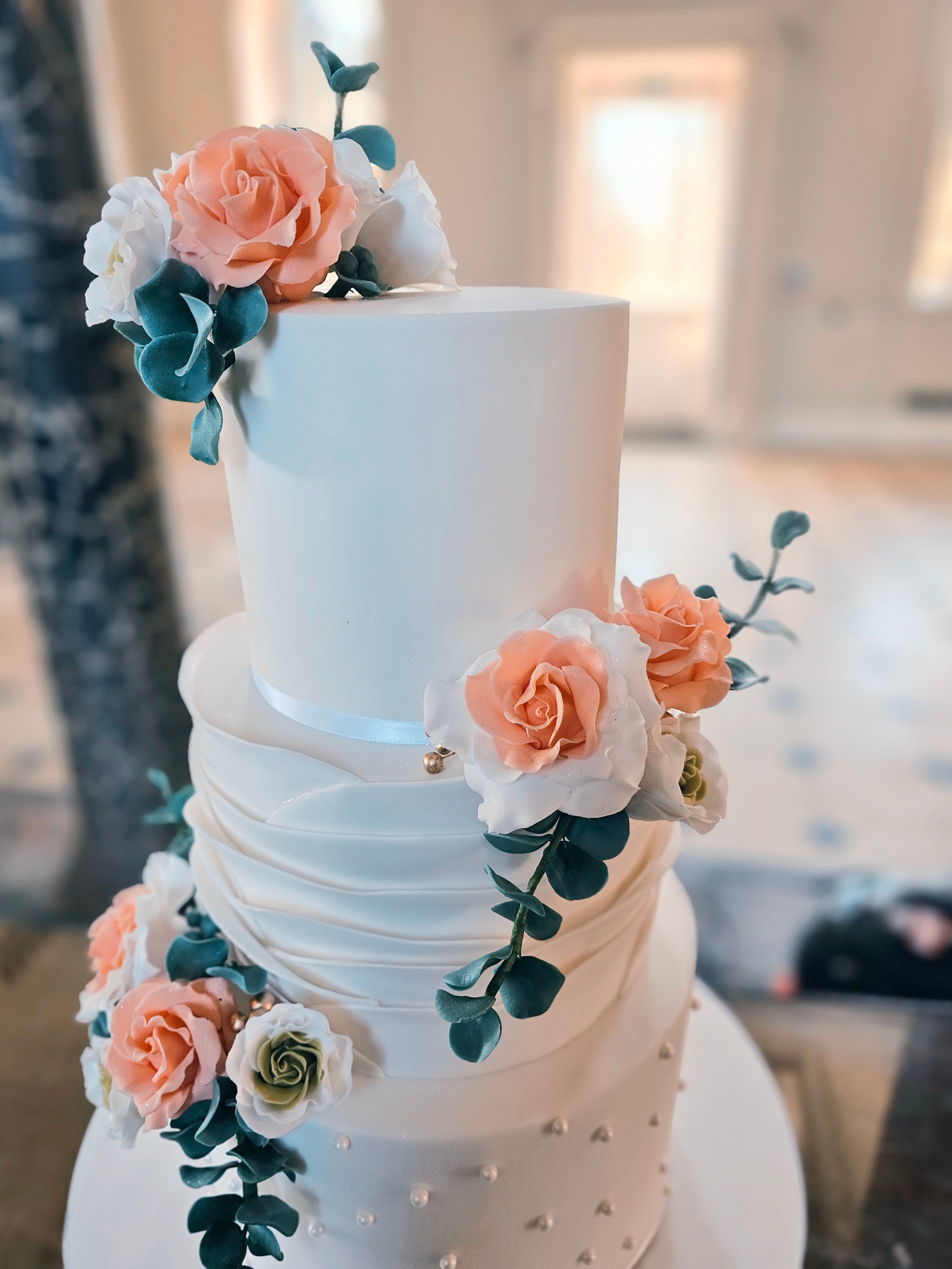 Luxury Sugarpaste Wedding Cake with Ruffle Effect, Sugar Pearls & Edible Sugar Flowers - Cake Secret