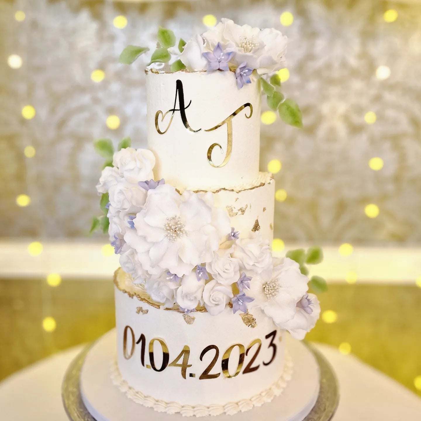 Personalised Buttercream Wedding Cake with Edible Sugar Flowers and Gold Detailing - Cake Secret