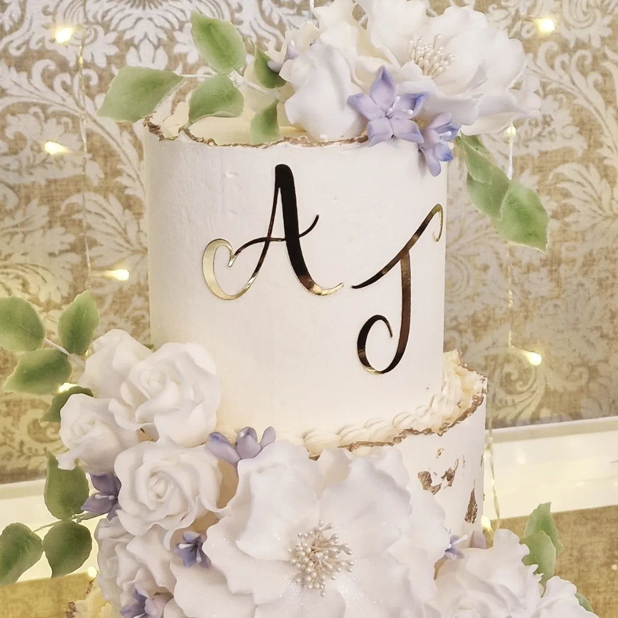 Personalised Buttercream Wedding Cake with Edible Sugar Flowers and Gold Detailing - Cake Secret
