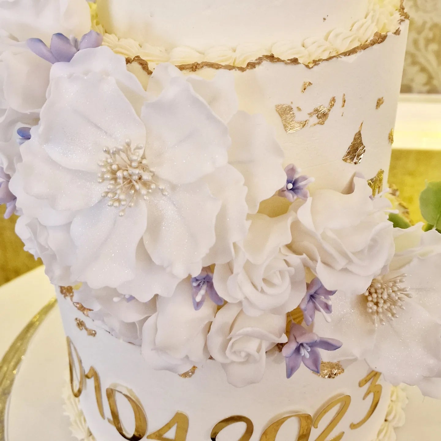 Personalised Buttercream Wedding Cake with Edible Sugar Flowers and Gold Detailing - Cake Secret