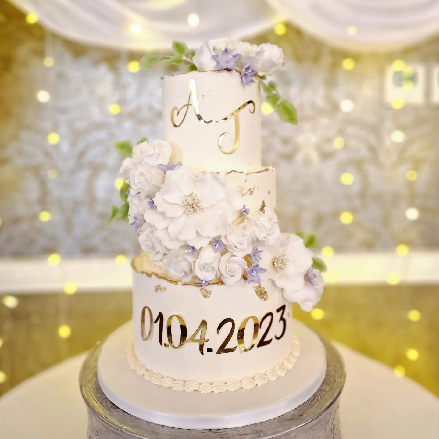 Personalised Buttercream Wedding Cake with Edible Sugar Flowers and Gold Detailing - Cake Secret