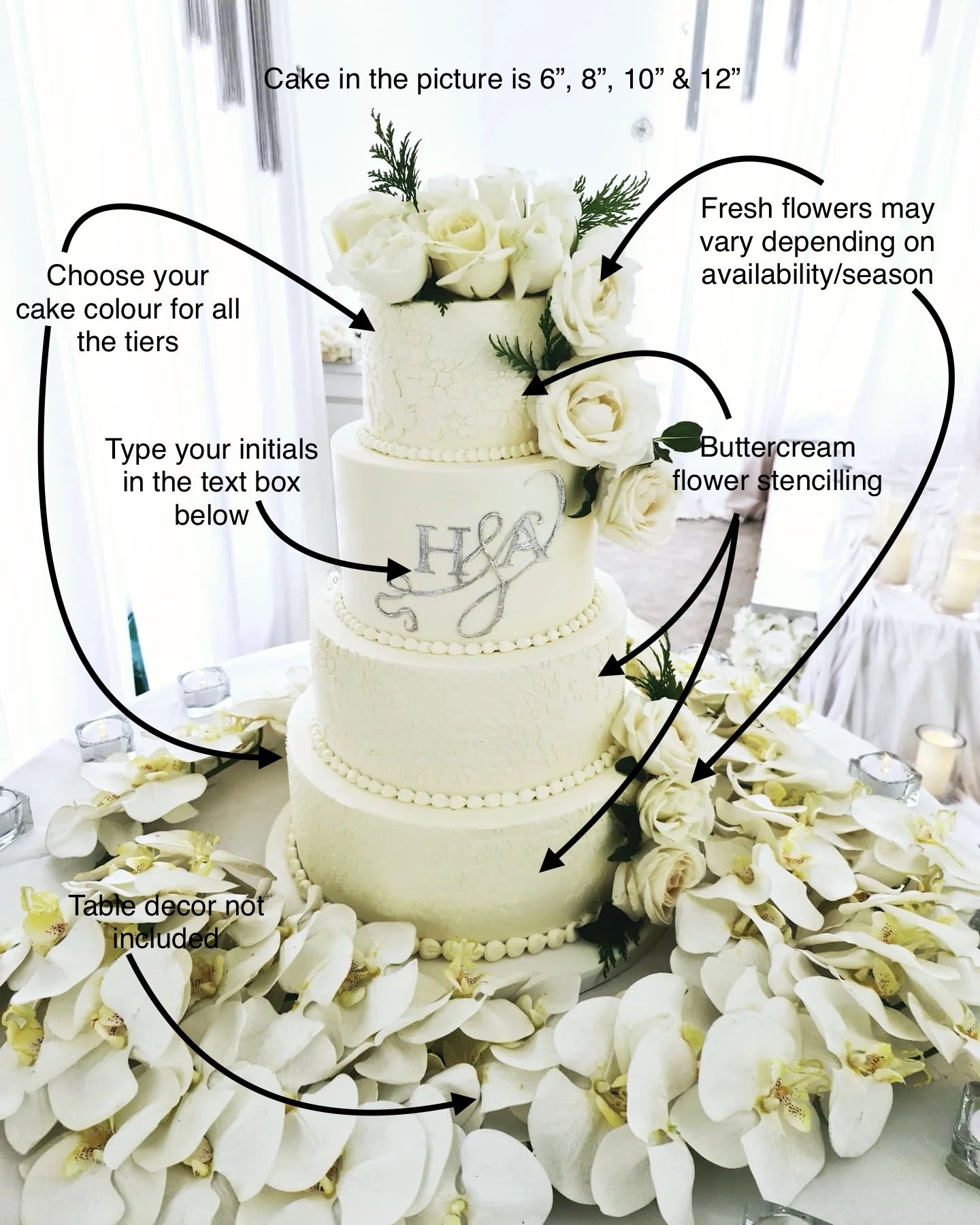 Timeless Love Elegant White Buttercream Wedding Cake with Initials and Fresh Flowers - Cake Secret