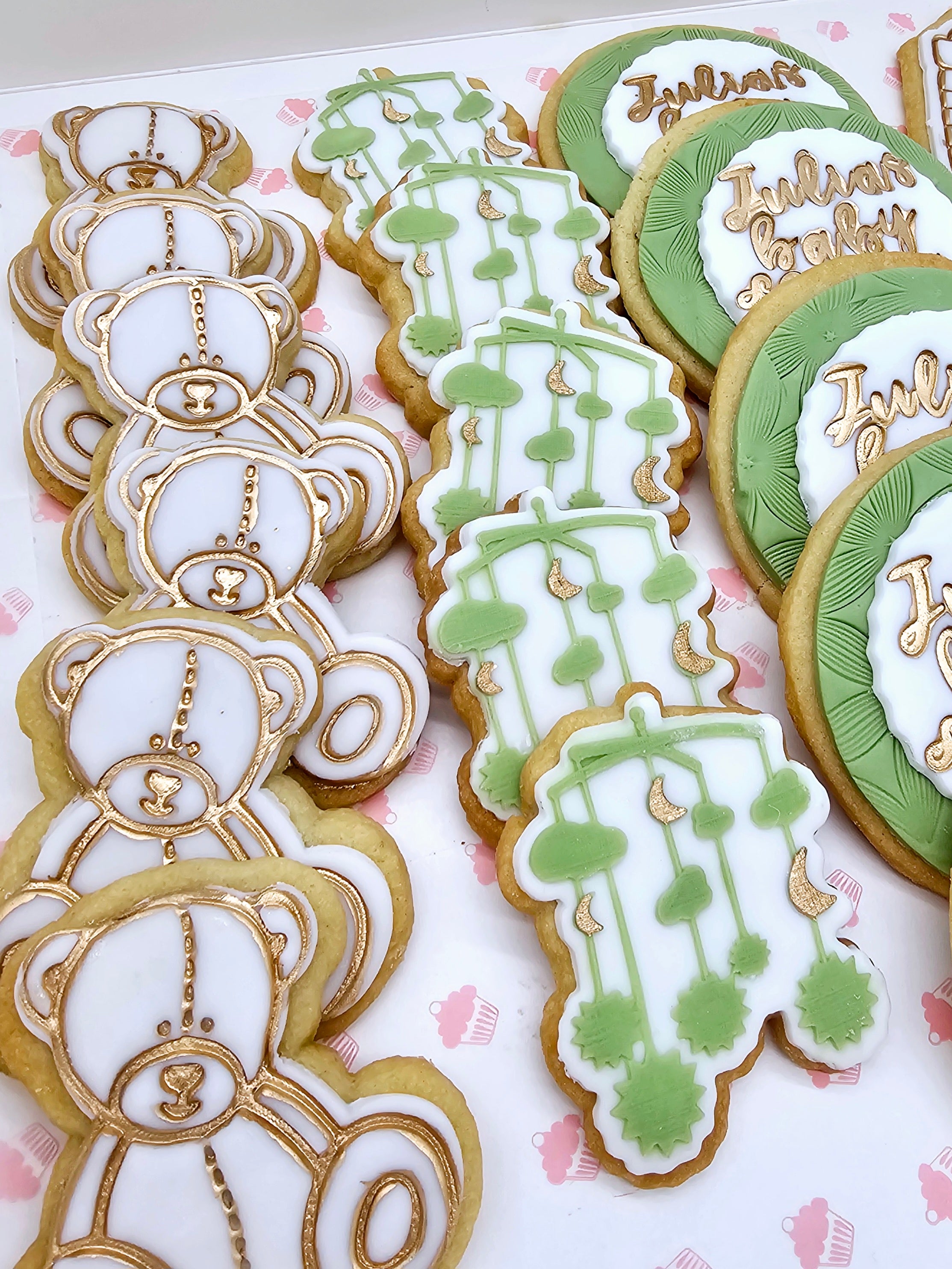 sweet beginnings baby shower sugarpaste cookies with elegant gold details - Cake Secret
