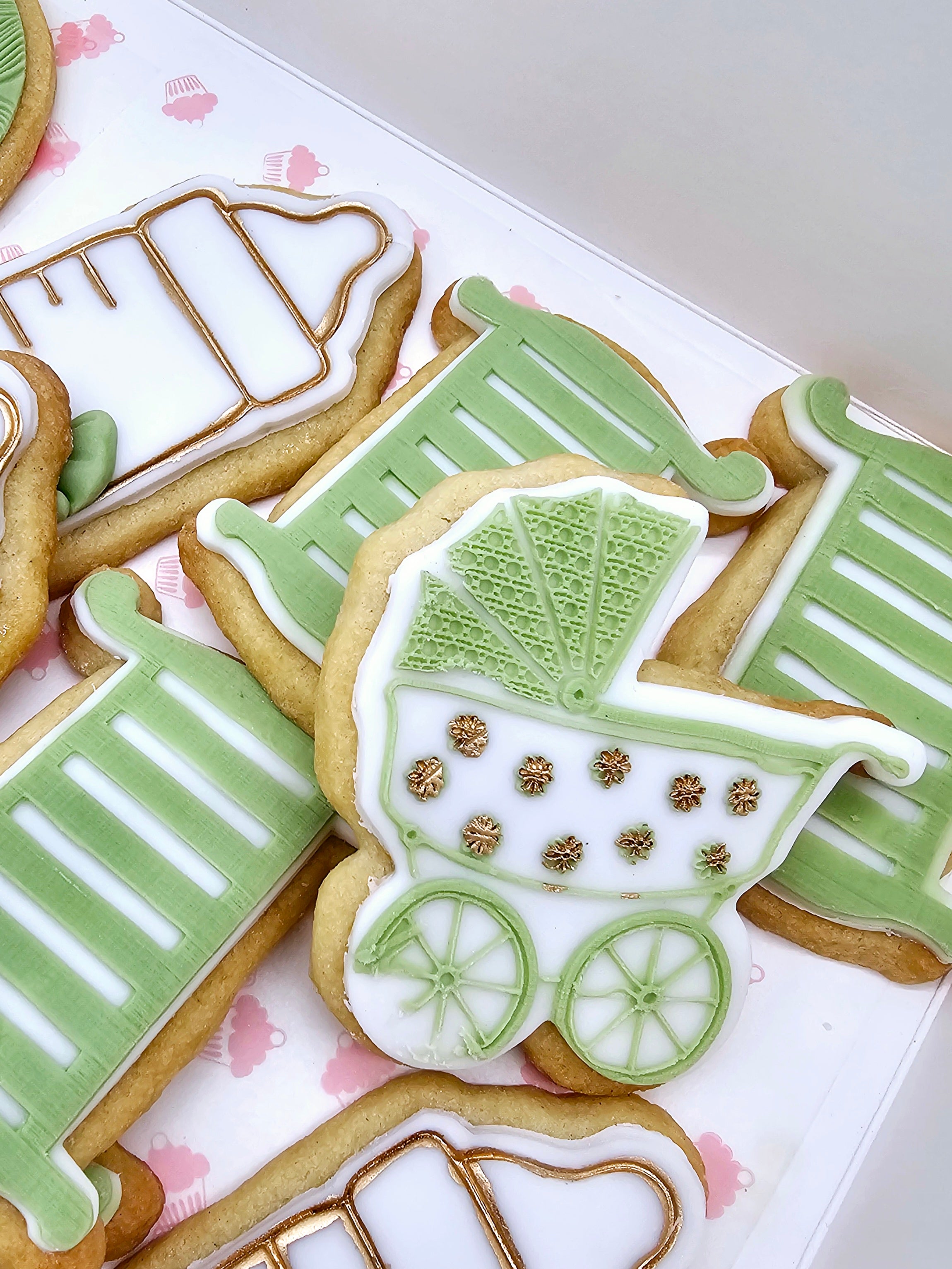 sweet beginnings baby shower sugarpaste cookies with elegant gold details - Cake Secret