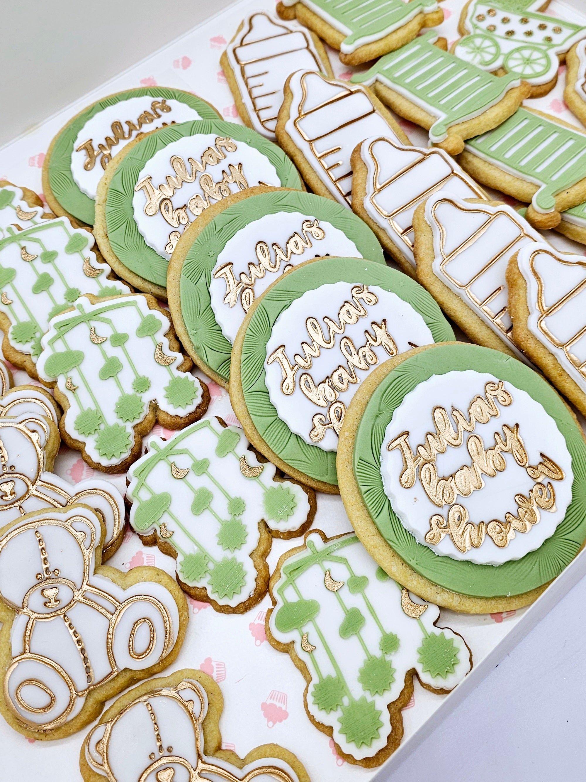sweet beginnings baby shower sugarpaste cookies with elegant gold details - Cake Secret