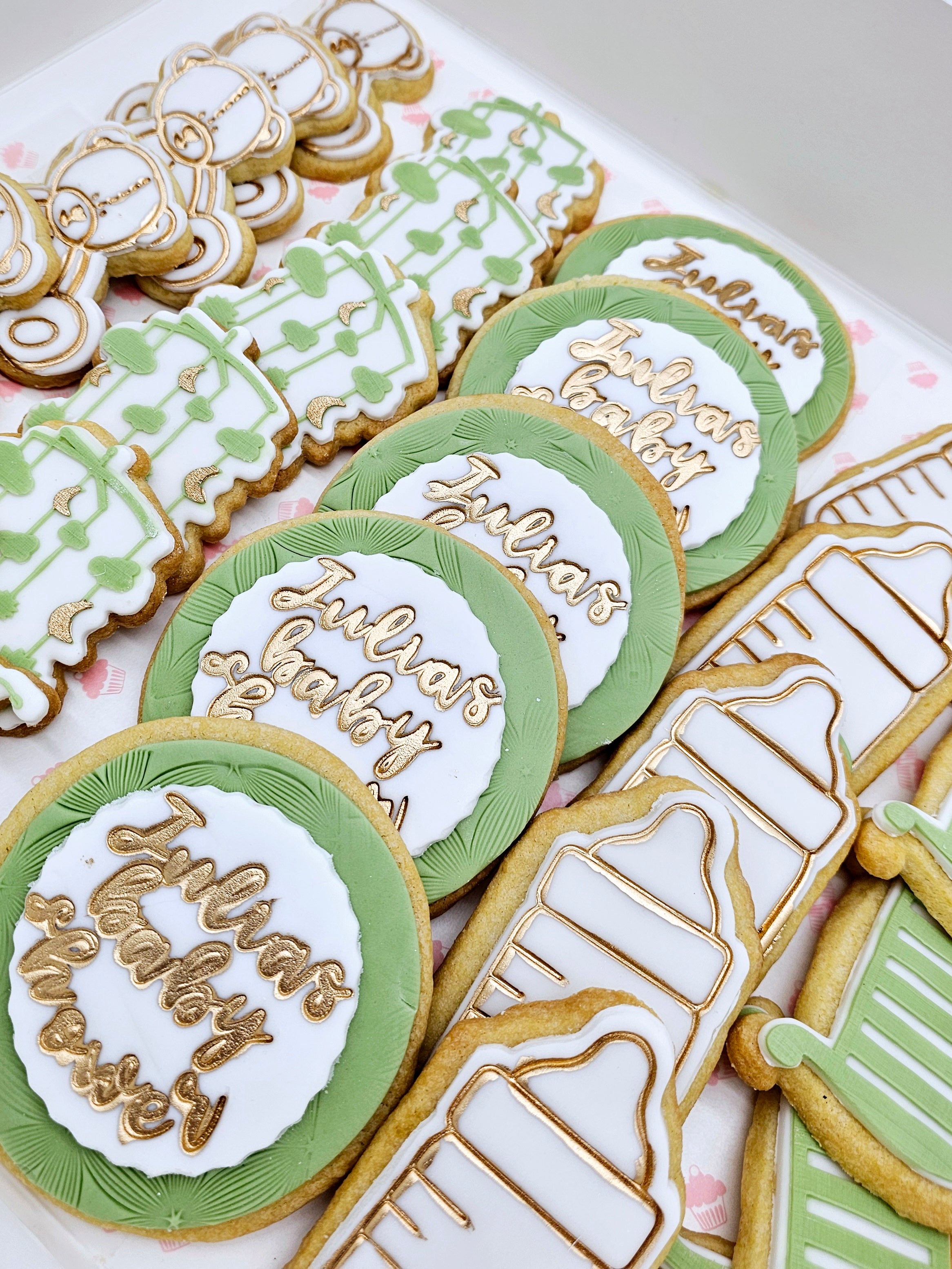 sweet beginnings baby shower sugarpaste cookies with elegant gold details - Cake Secret