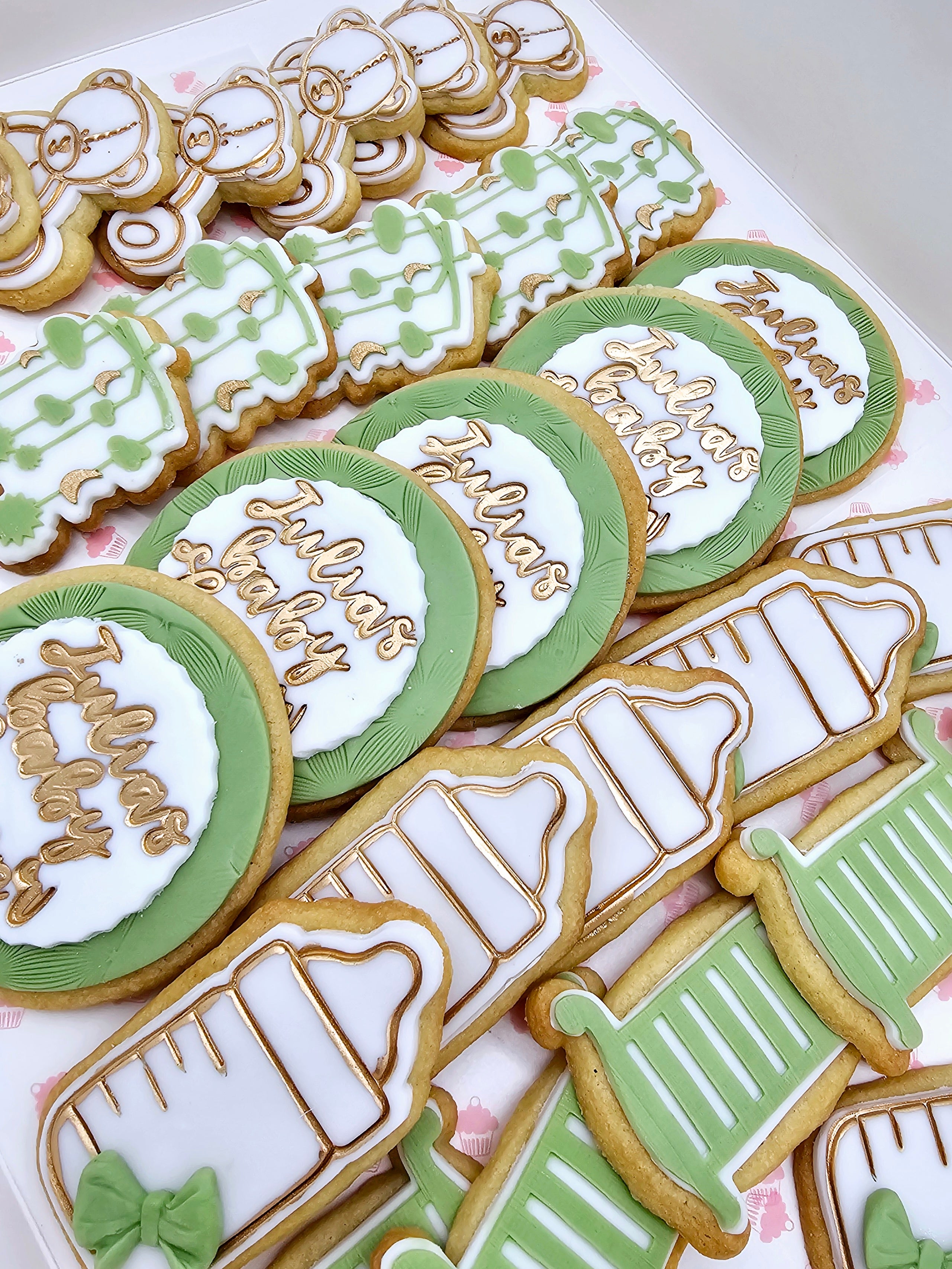 sweet beginnings baby shower sugarpaste cookies with elegant gold details - Cake Secret