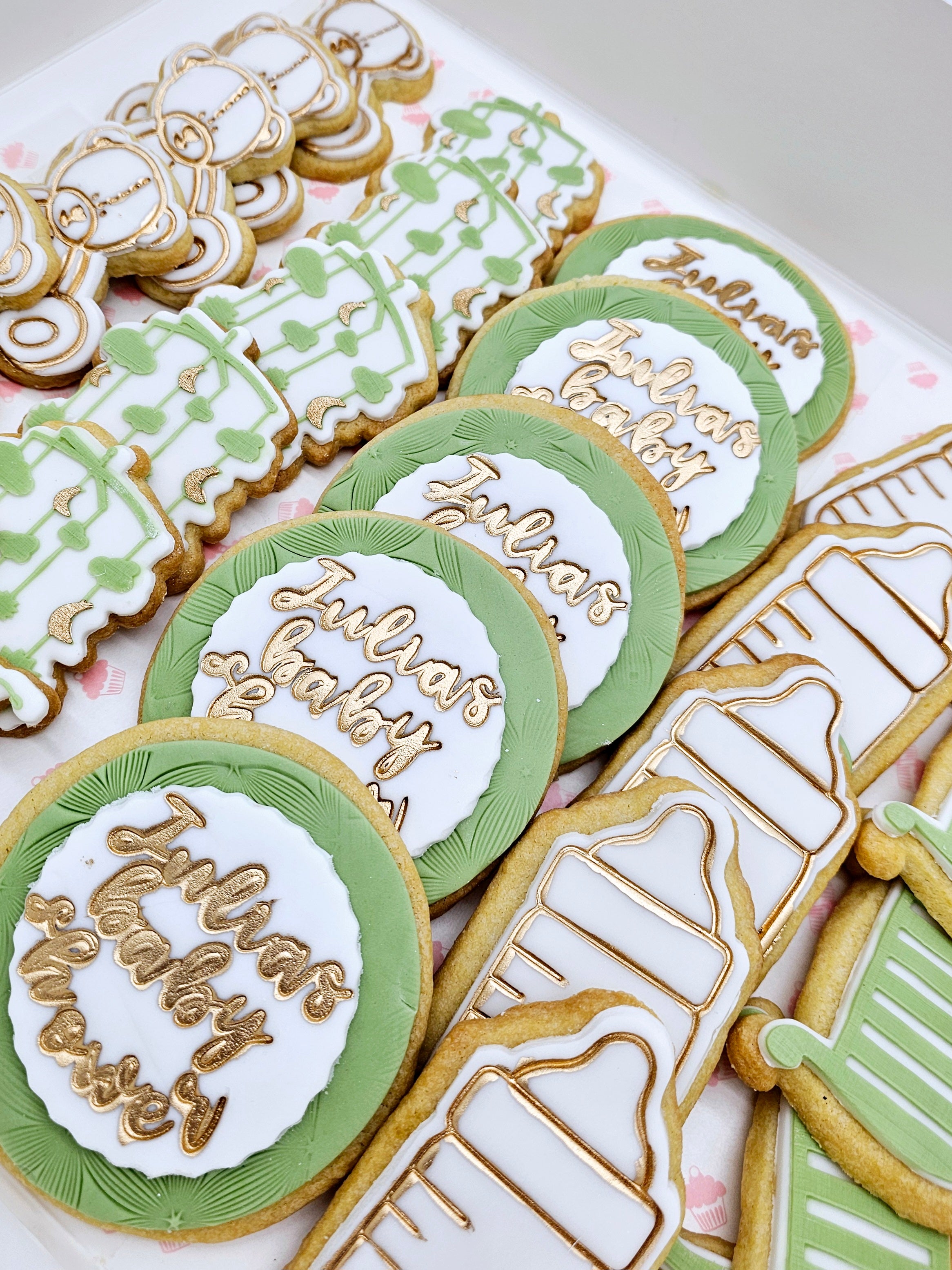 sweet beginnings baby shower sugarpaste cookies with elegant gold details