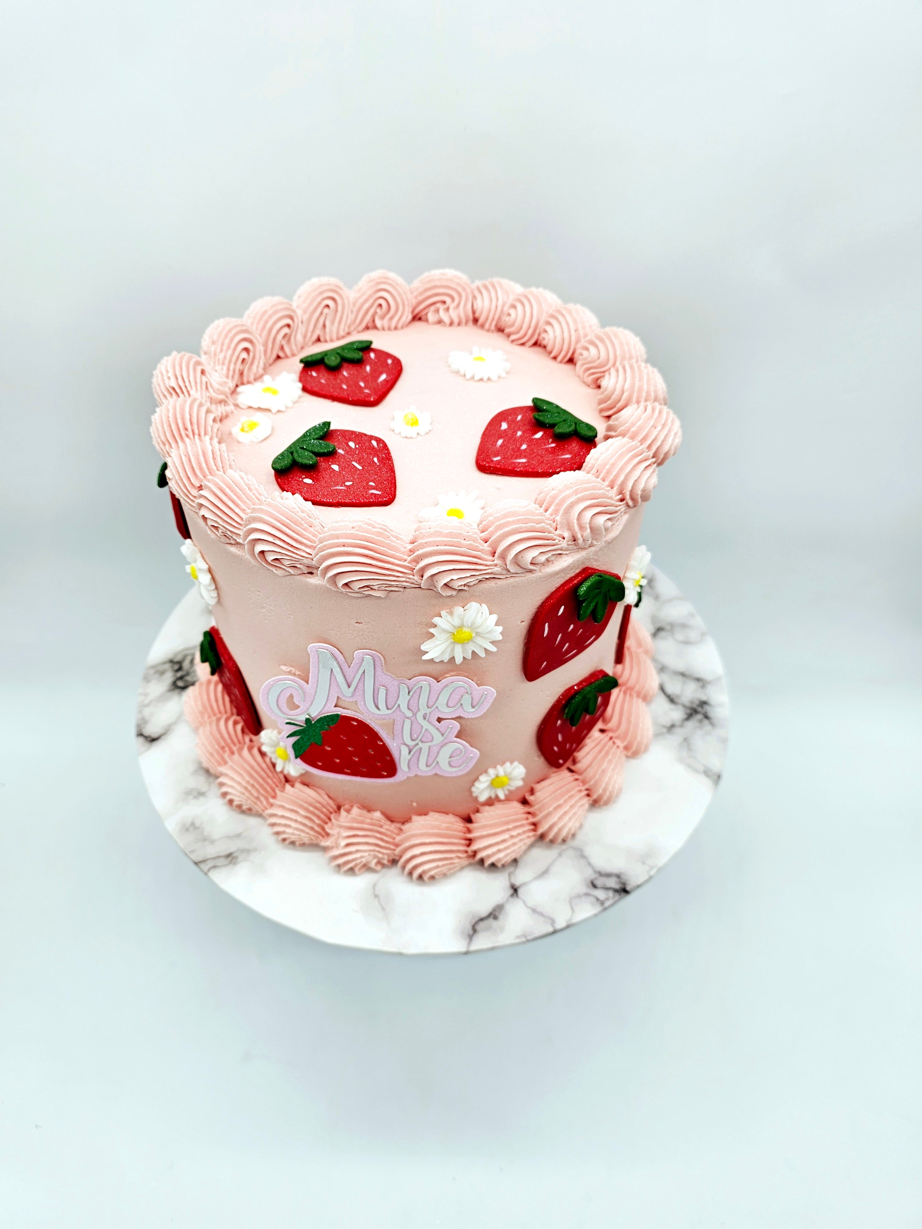 Pink Strawberry Theme Custom Birthday Cake