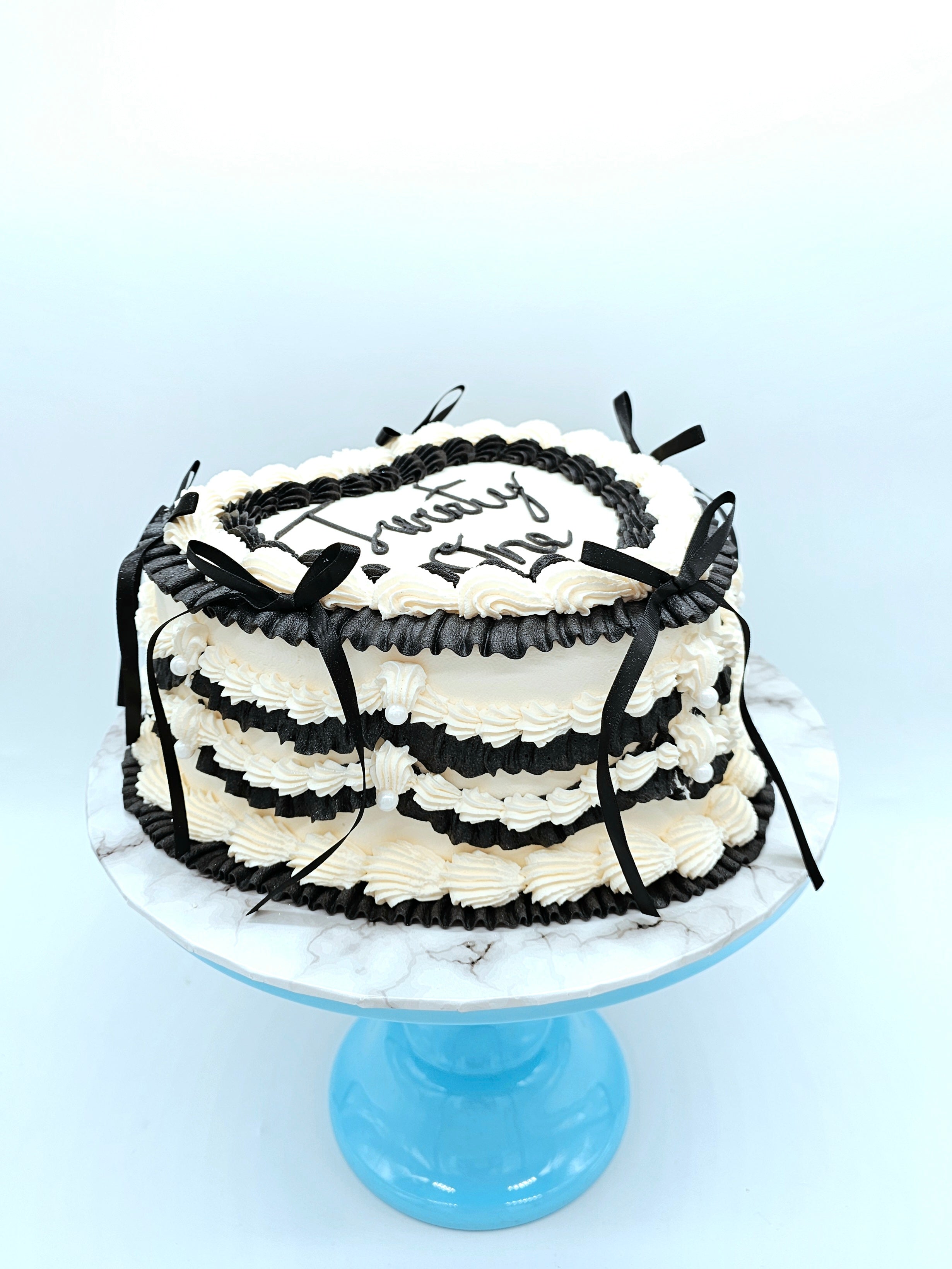 Vintage Heart Piped Black & White Birthday Cake