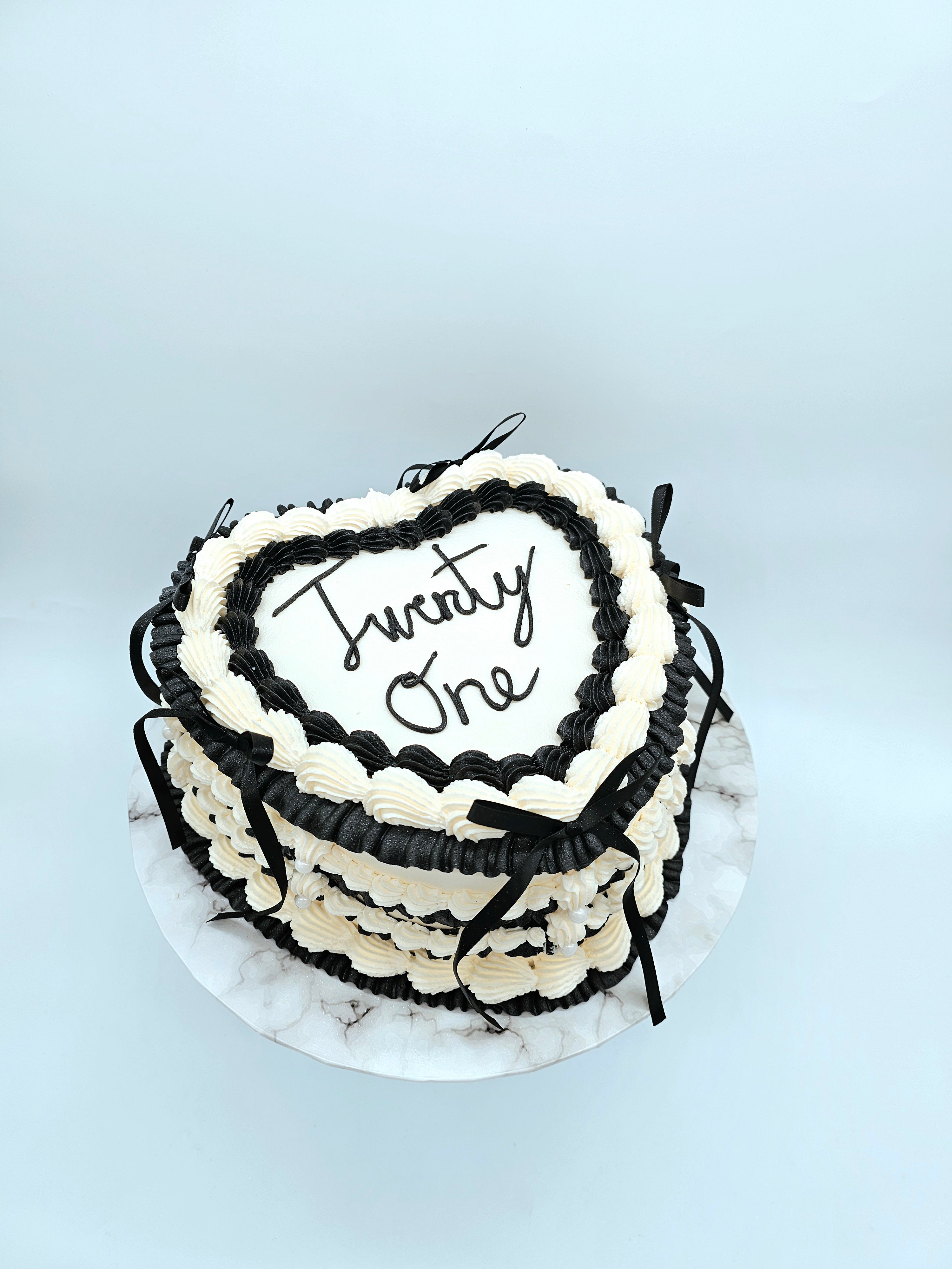 Vintage Heart Piped Black & White Birthday Cake
