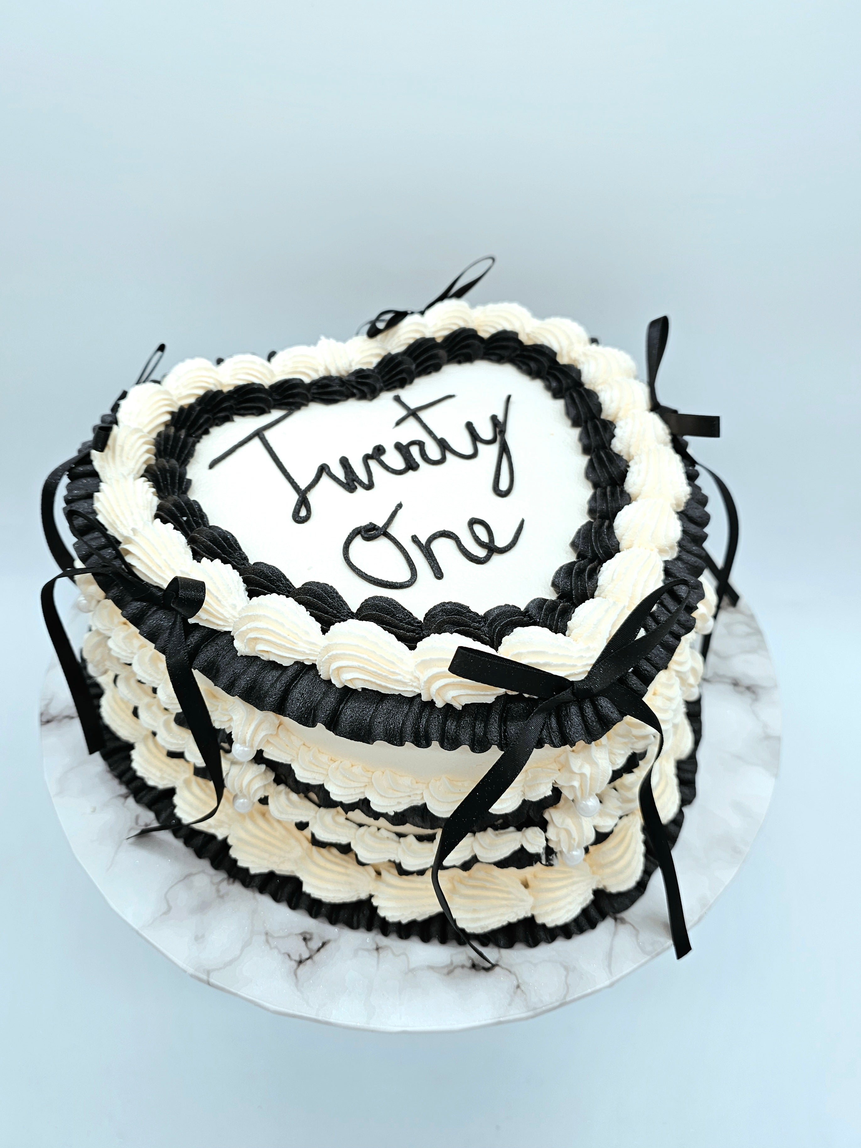 Vintage Heart Piped Black & White Birthday Cake