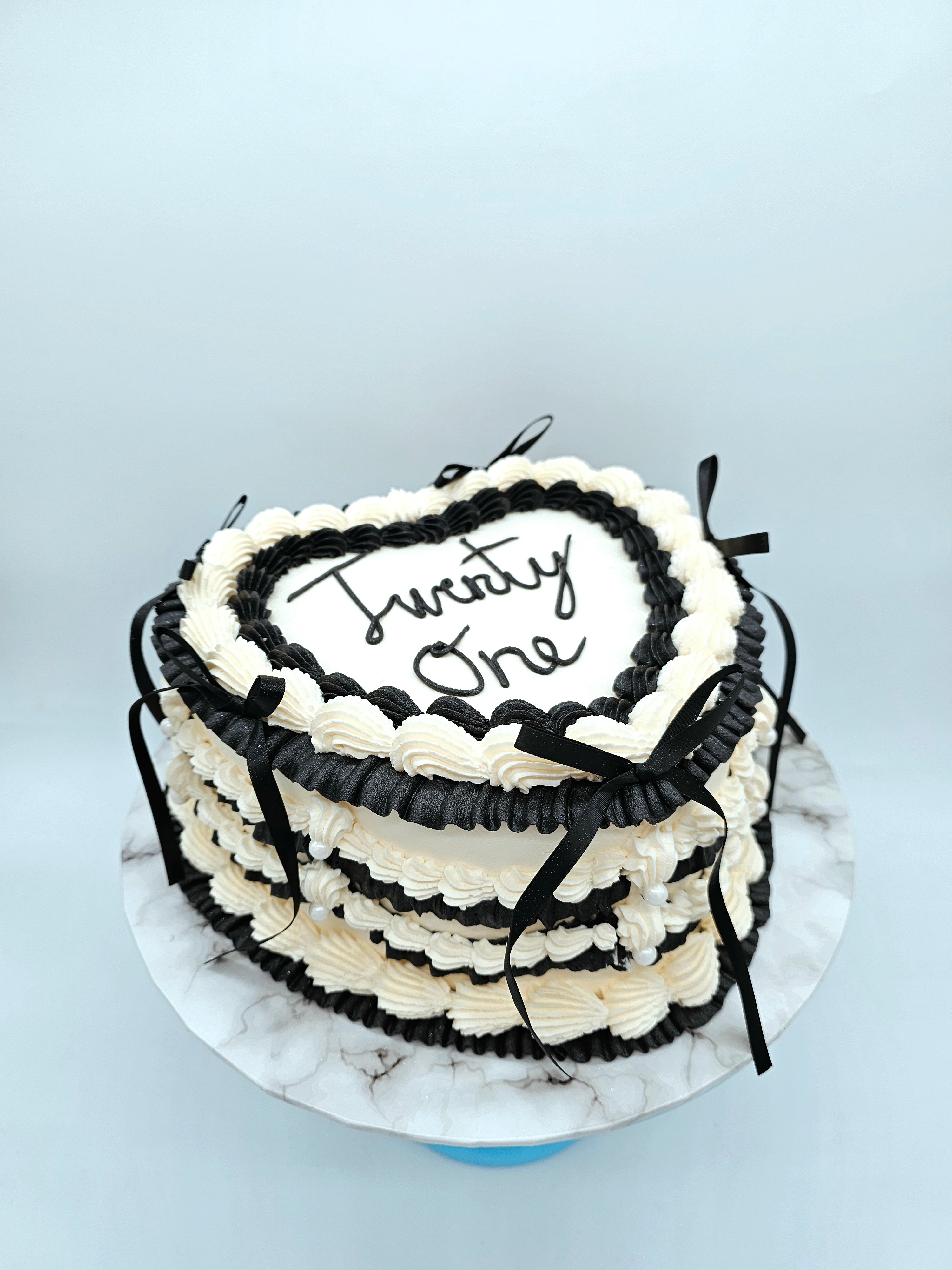 Vintage Heart Piped Black & White Birthday Cake