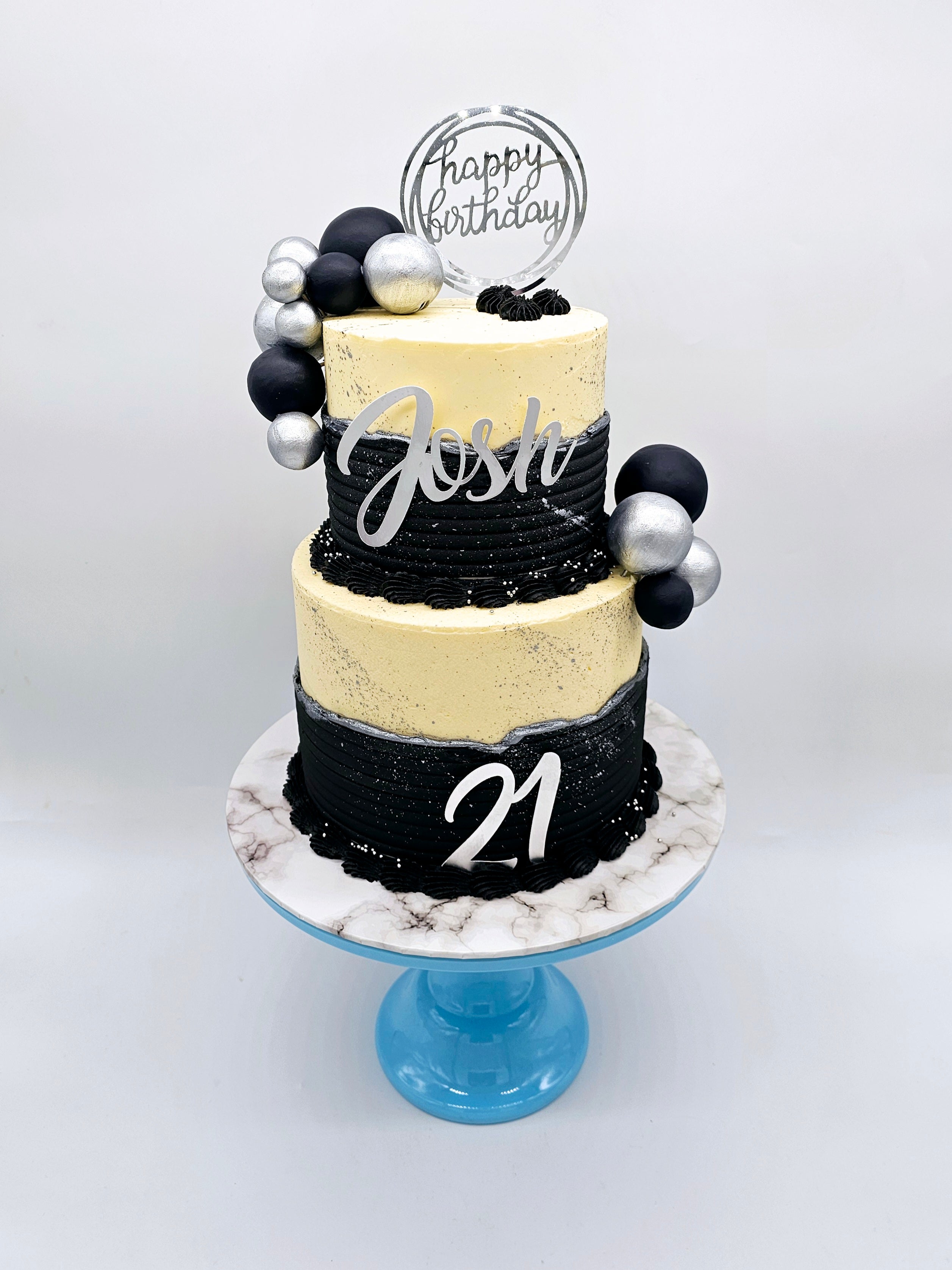 Elegant Black & Silver Fault Line Two-Tier Cake