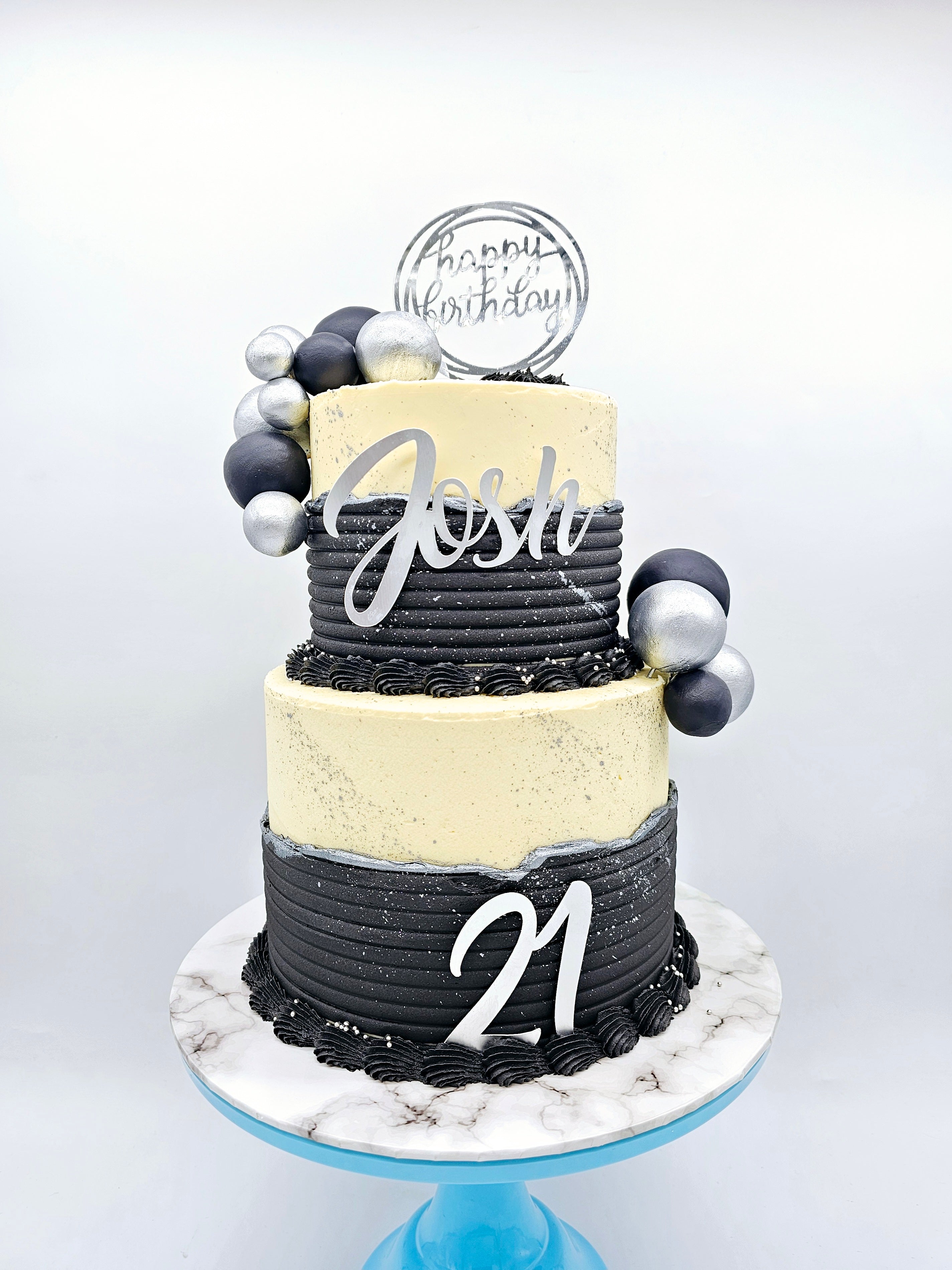 Elegant Black & Silver Fault Line Two-Tier Cake