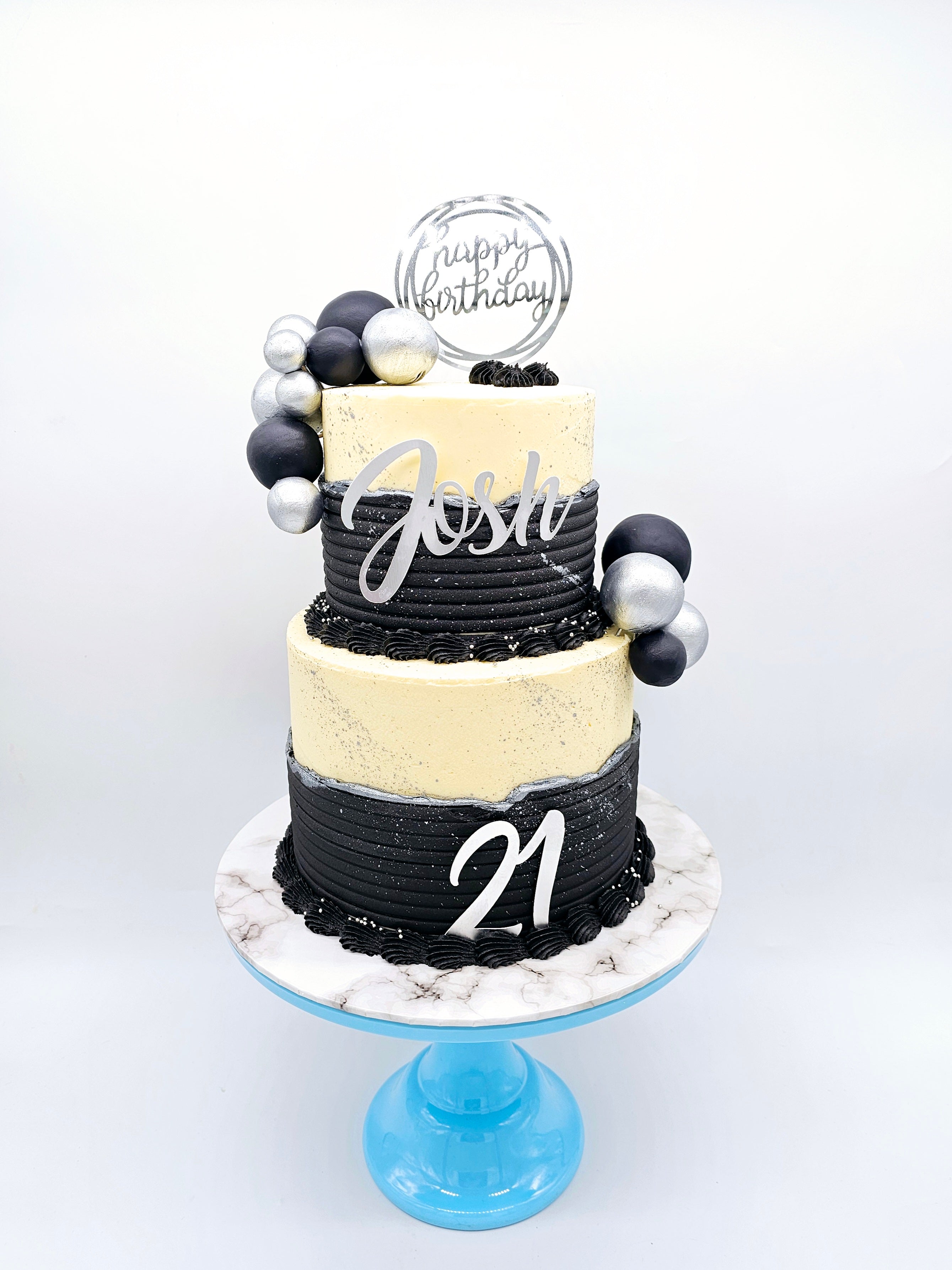 Elegant Black & Silver Fault Line Two-Tier Cake