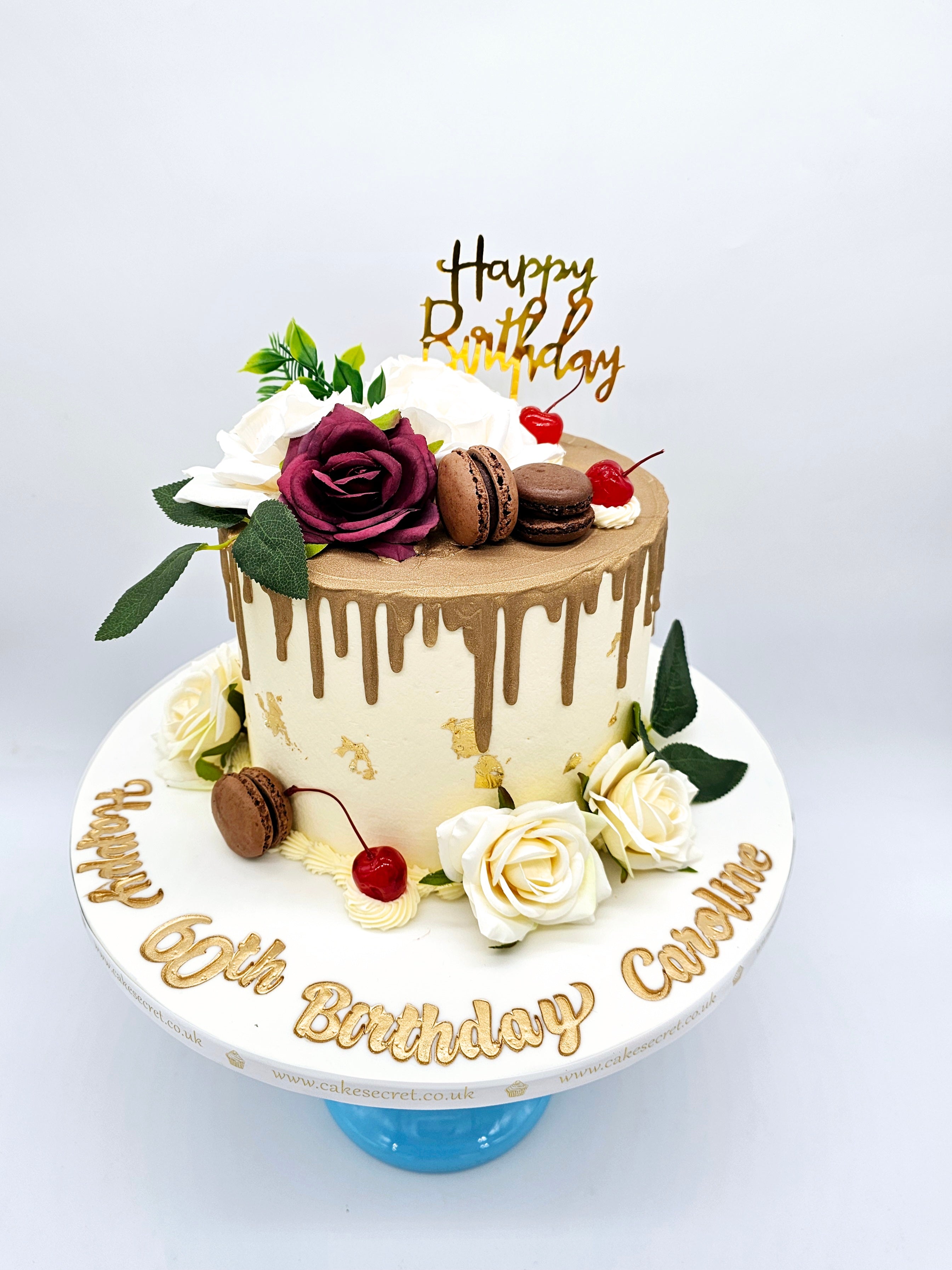 Elegant Gold Drip & Floral Birthday Cake