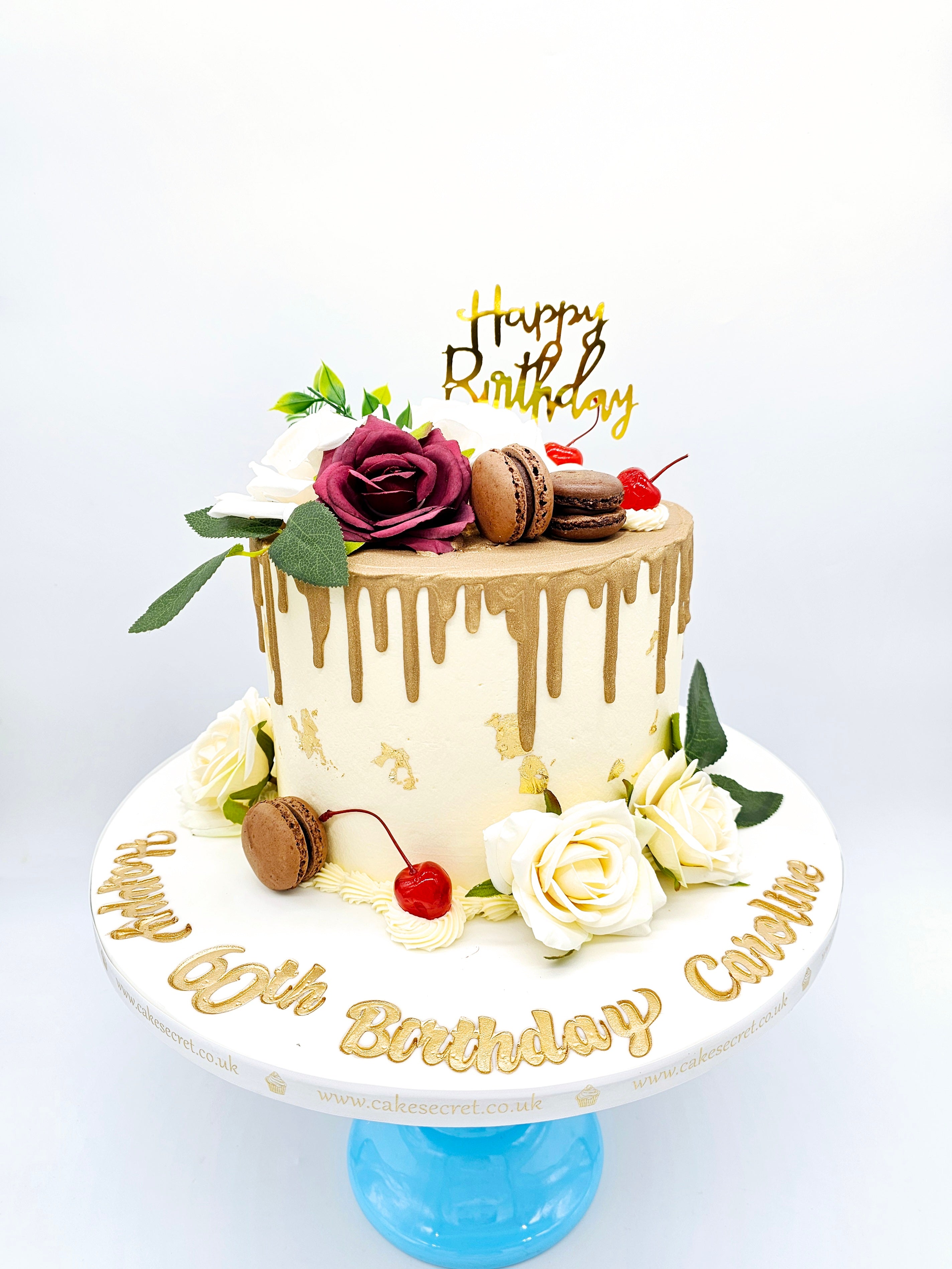 Elegant Gold Drip & Floral Birthday Cake