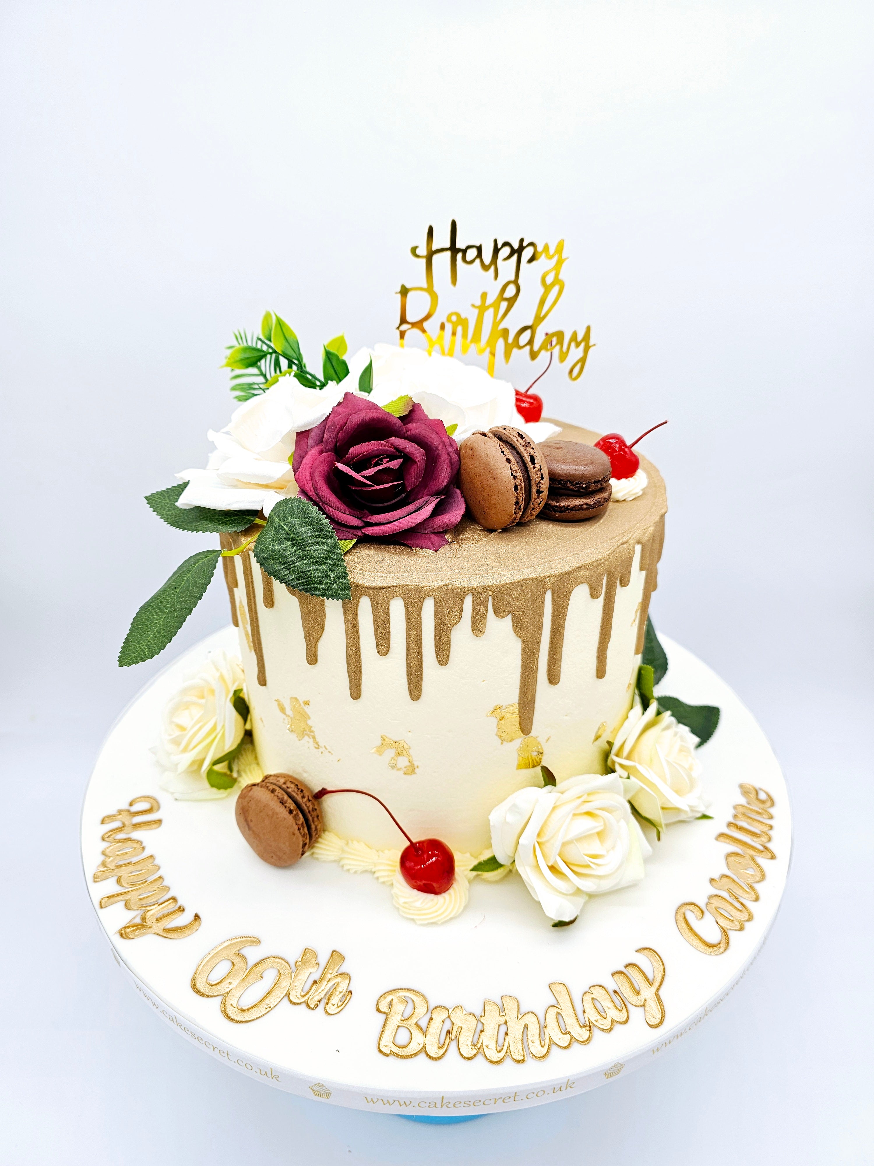 Elegant Gold Drip & Floral Birthday Cake