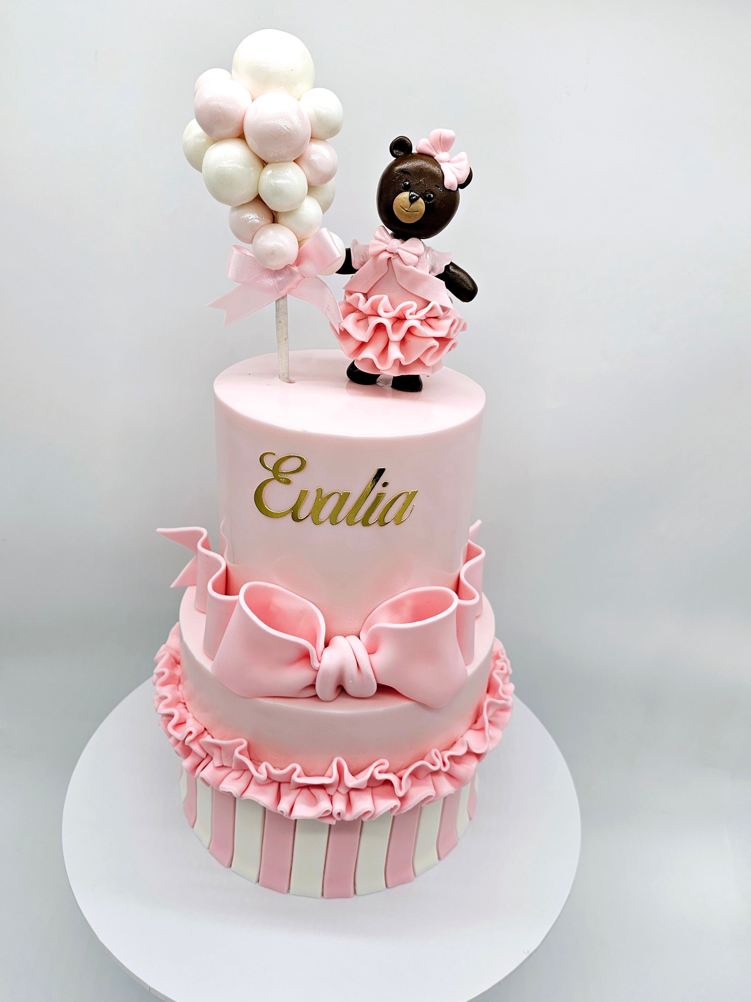 Custom Pink Teddy Bear Fondant Cake with Ruffles & Bow