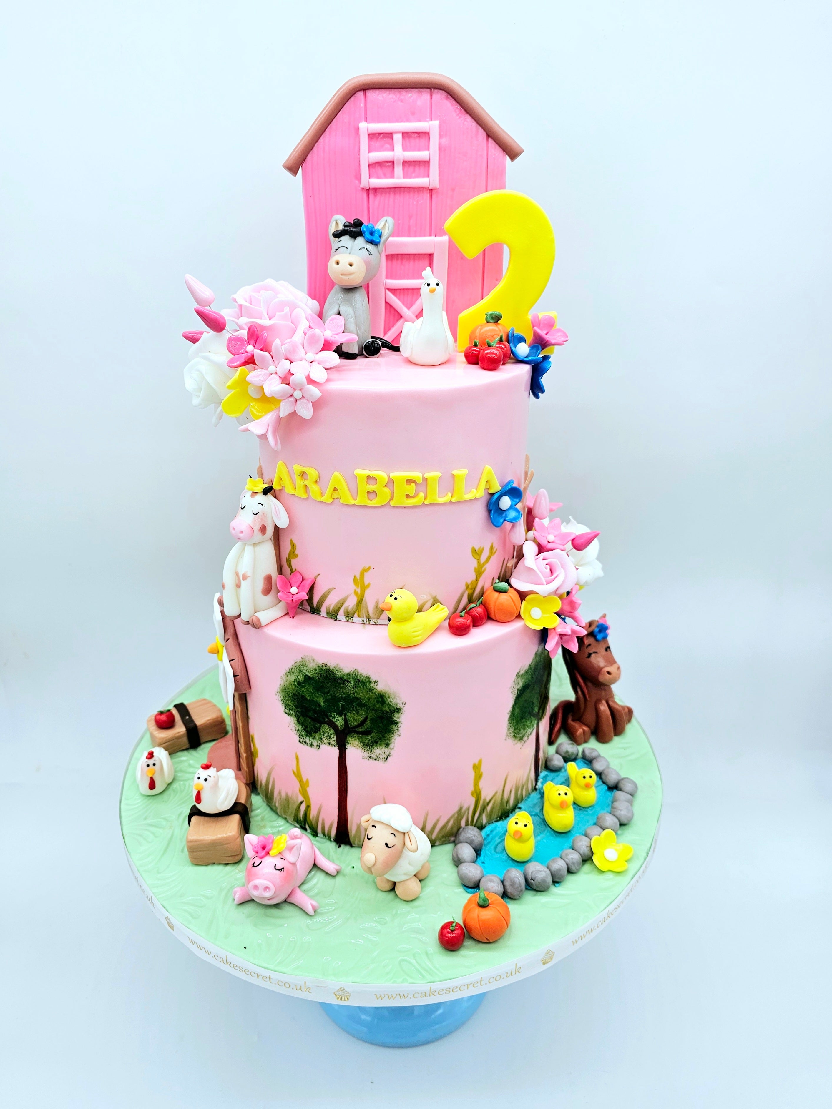 Pink Farmyard Animal Two-Tier Birthday Cake