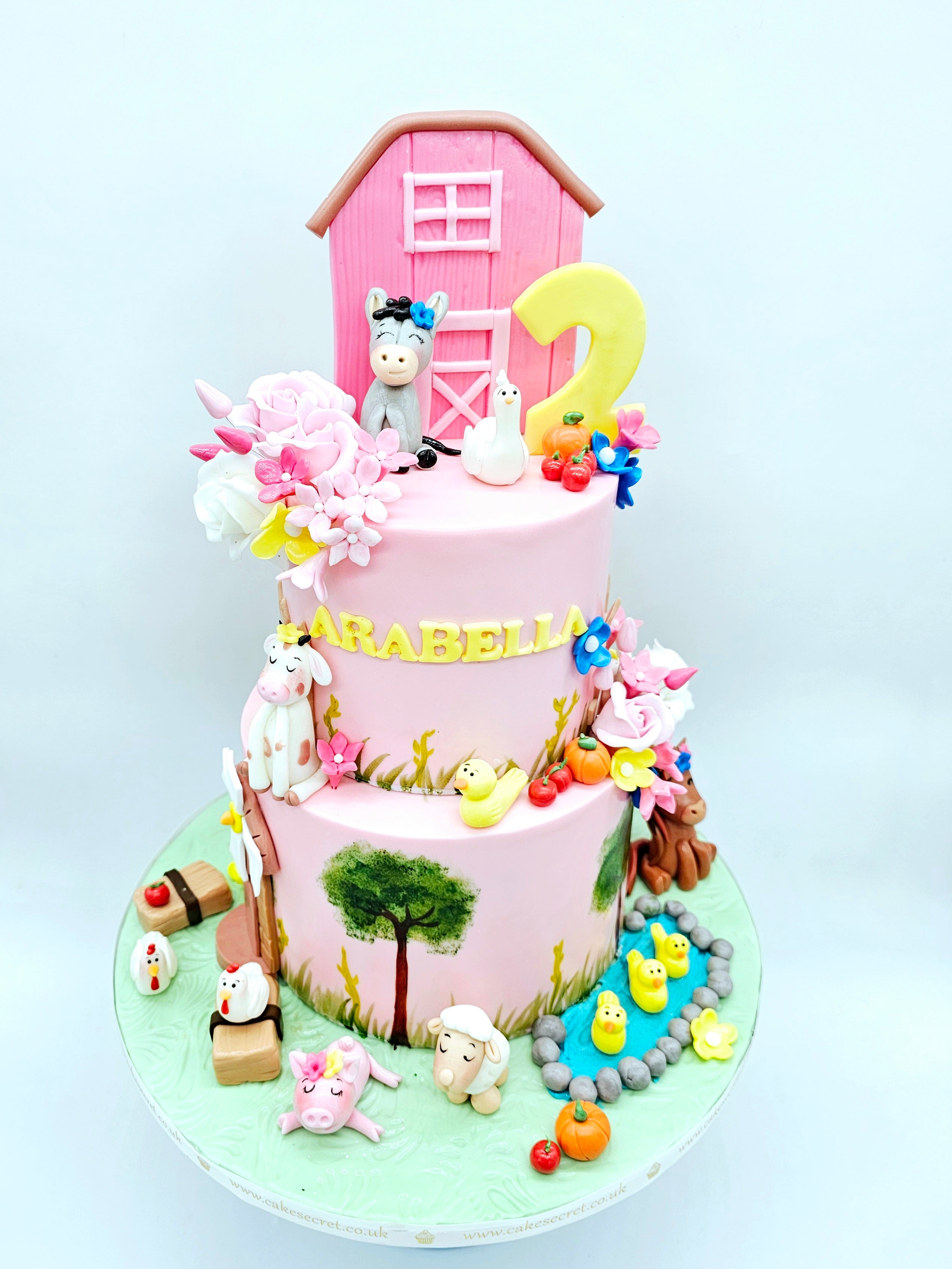 Pink Farmyard Animal Two-Tier Birthday Cake