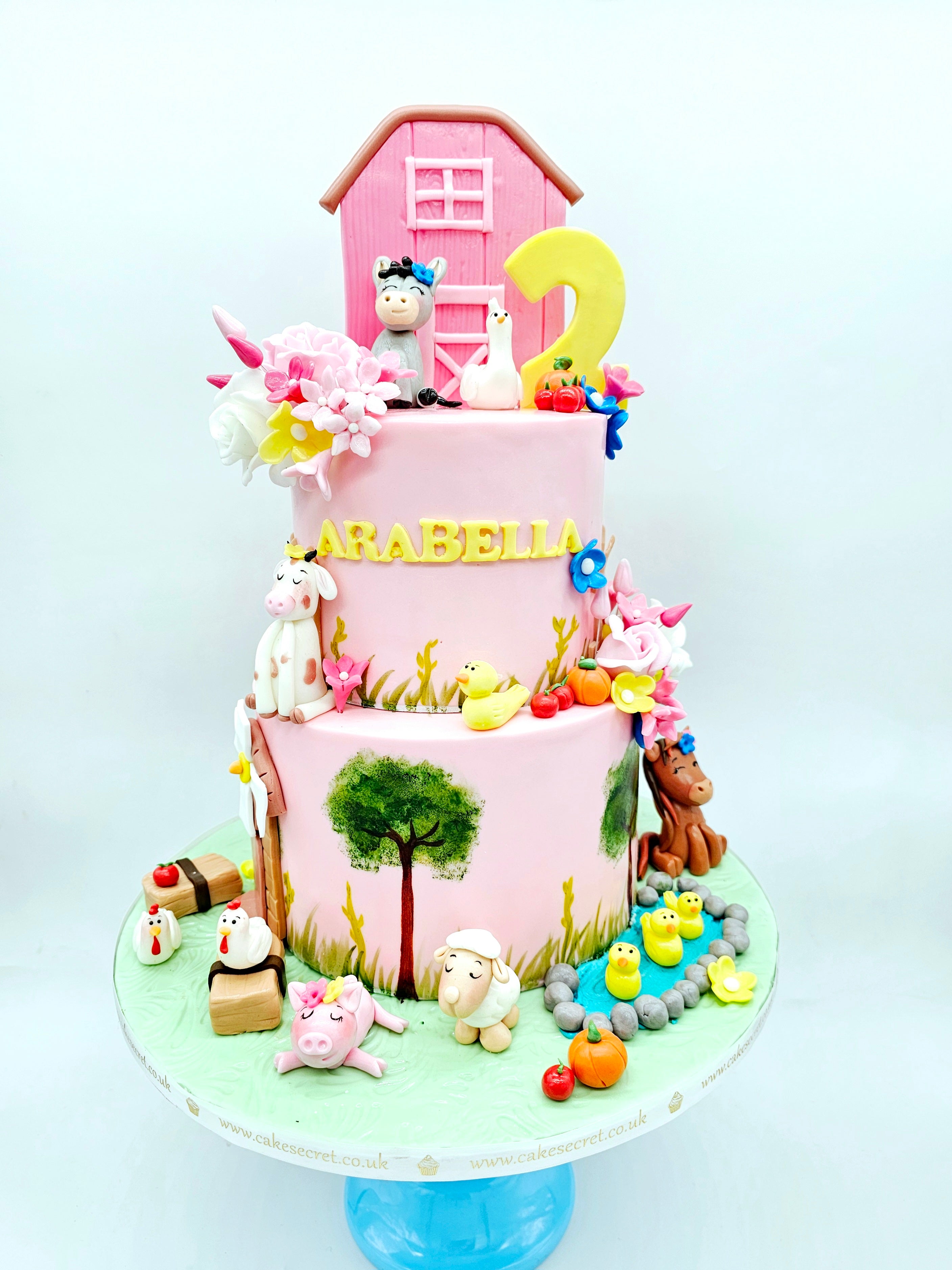 Pink Farmyard Animal Two-Tier Birthday Cake