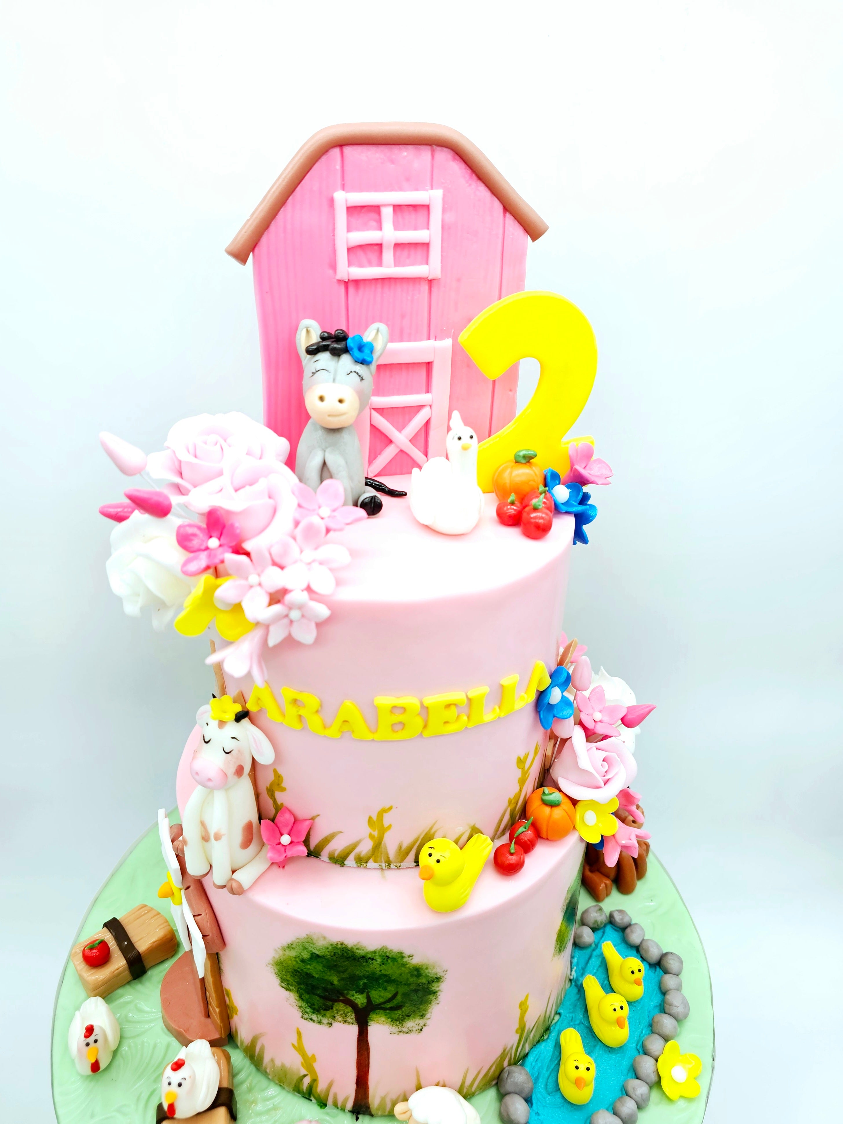 Pink Farmyard Animal Two-Tier Birthday Cake