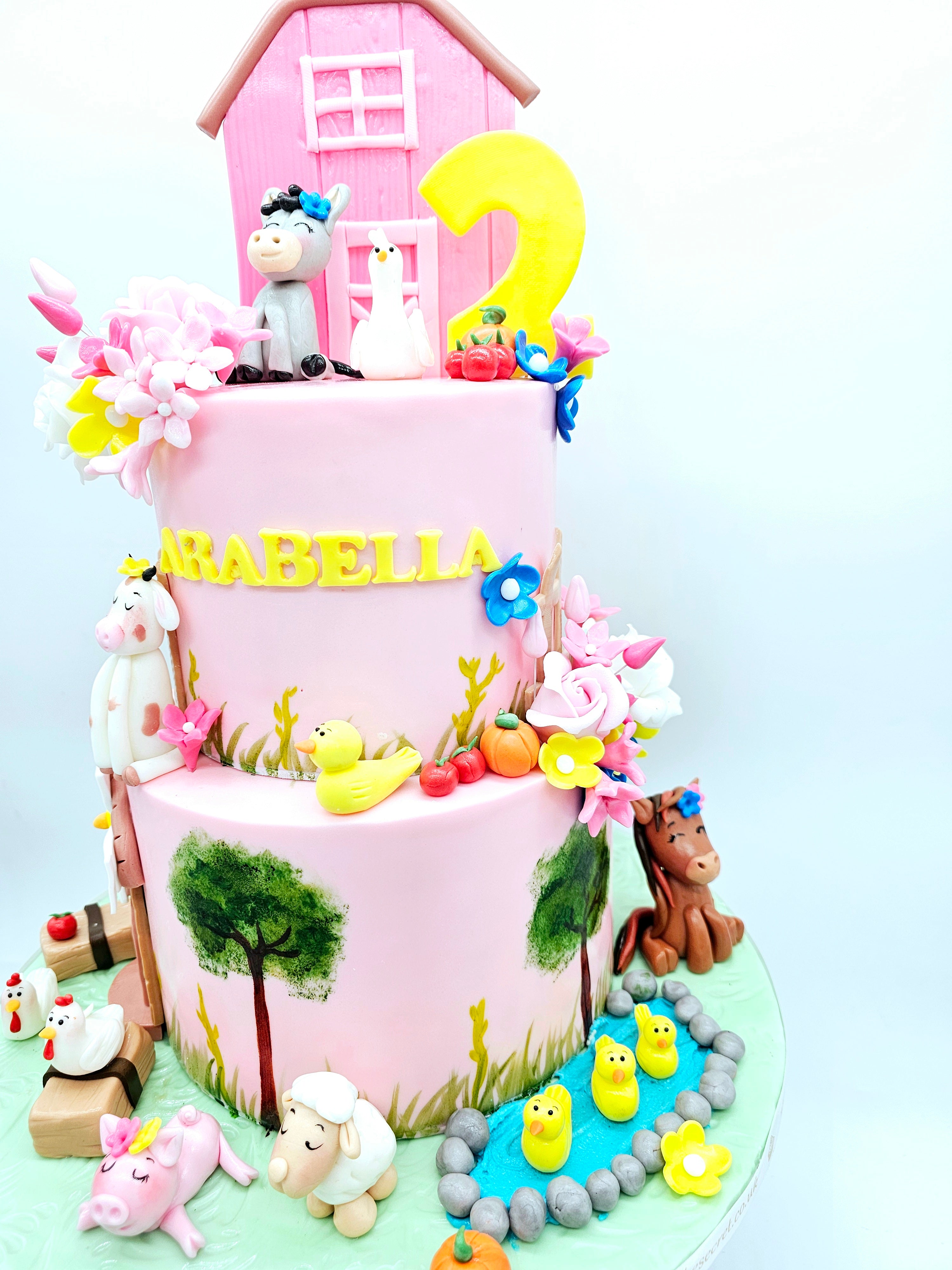 Pink Farmyard Animal Two-Tier Birthday Cake