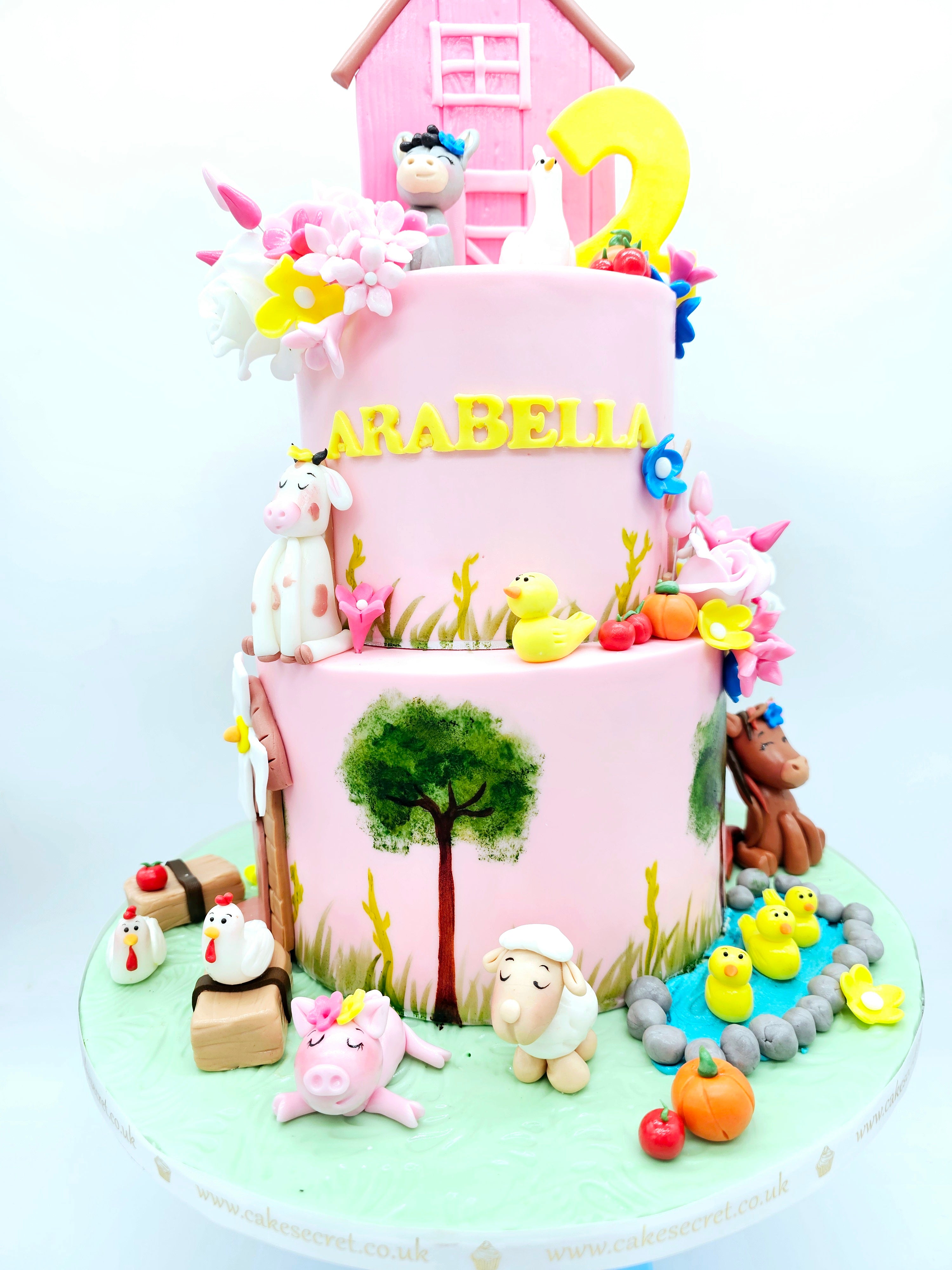 Pink Farmyard Animal Two-Tier Birthday Cake