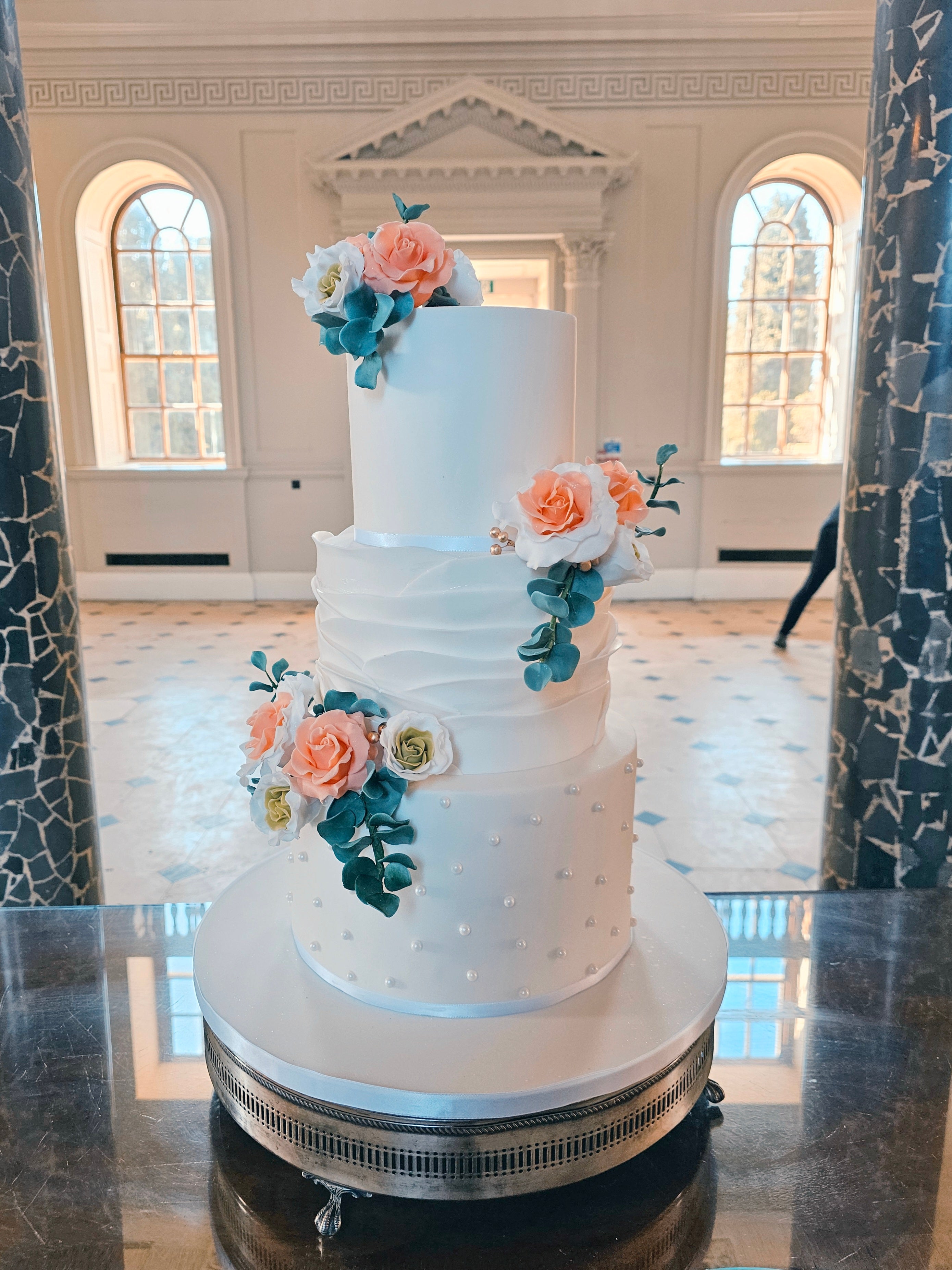 Luxury Sugarpaste Wedding Cake with Ruffle Effect, Sugar Pearls & Edible Sugar Flowers - Cake Secret