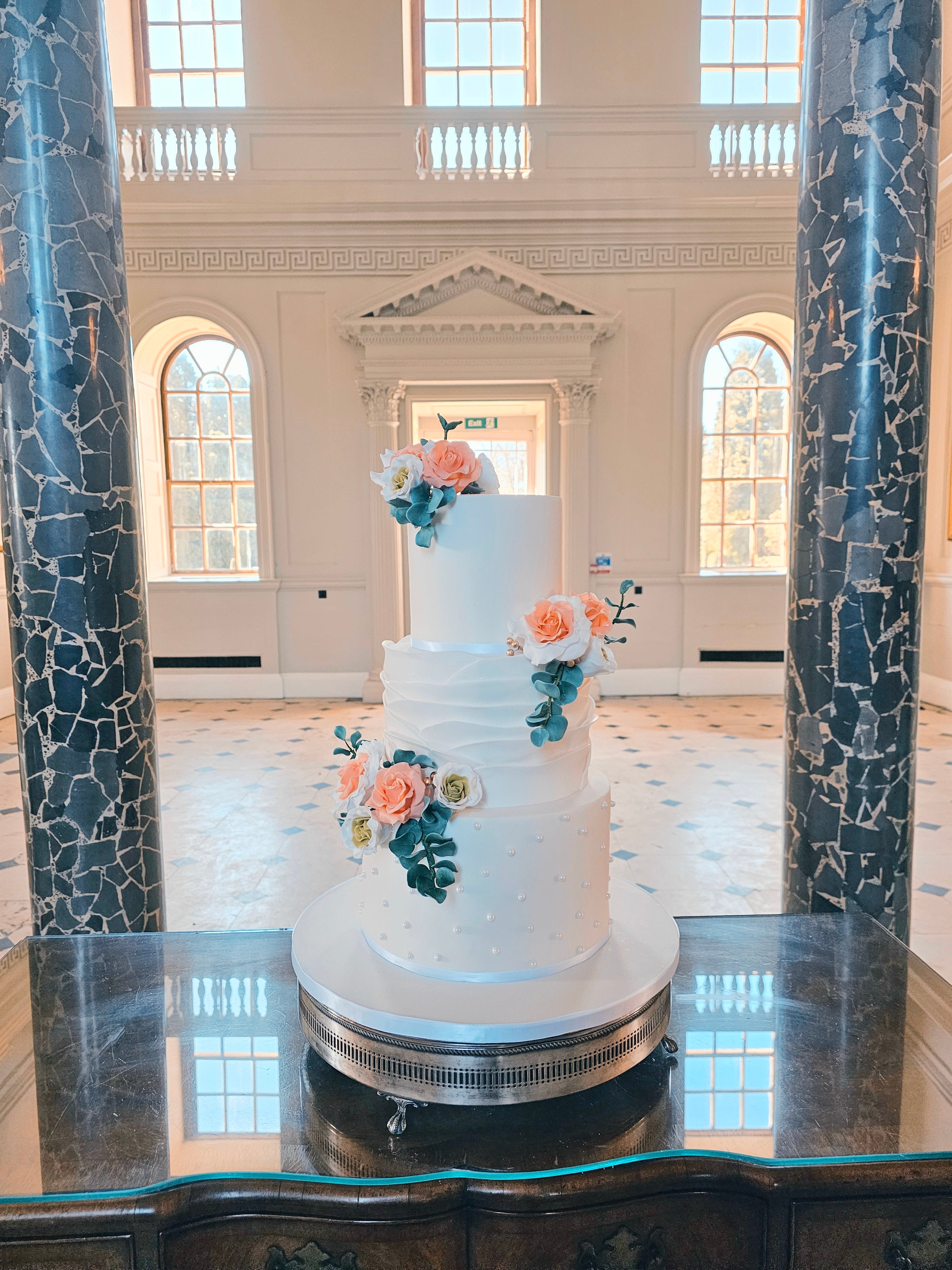Luxury Sugarpaste Wedding Cake with Ruffle Effect, Sugar Pearls & Edible Sugar Flowers - Cake Secret