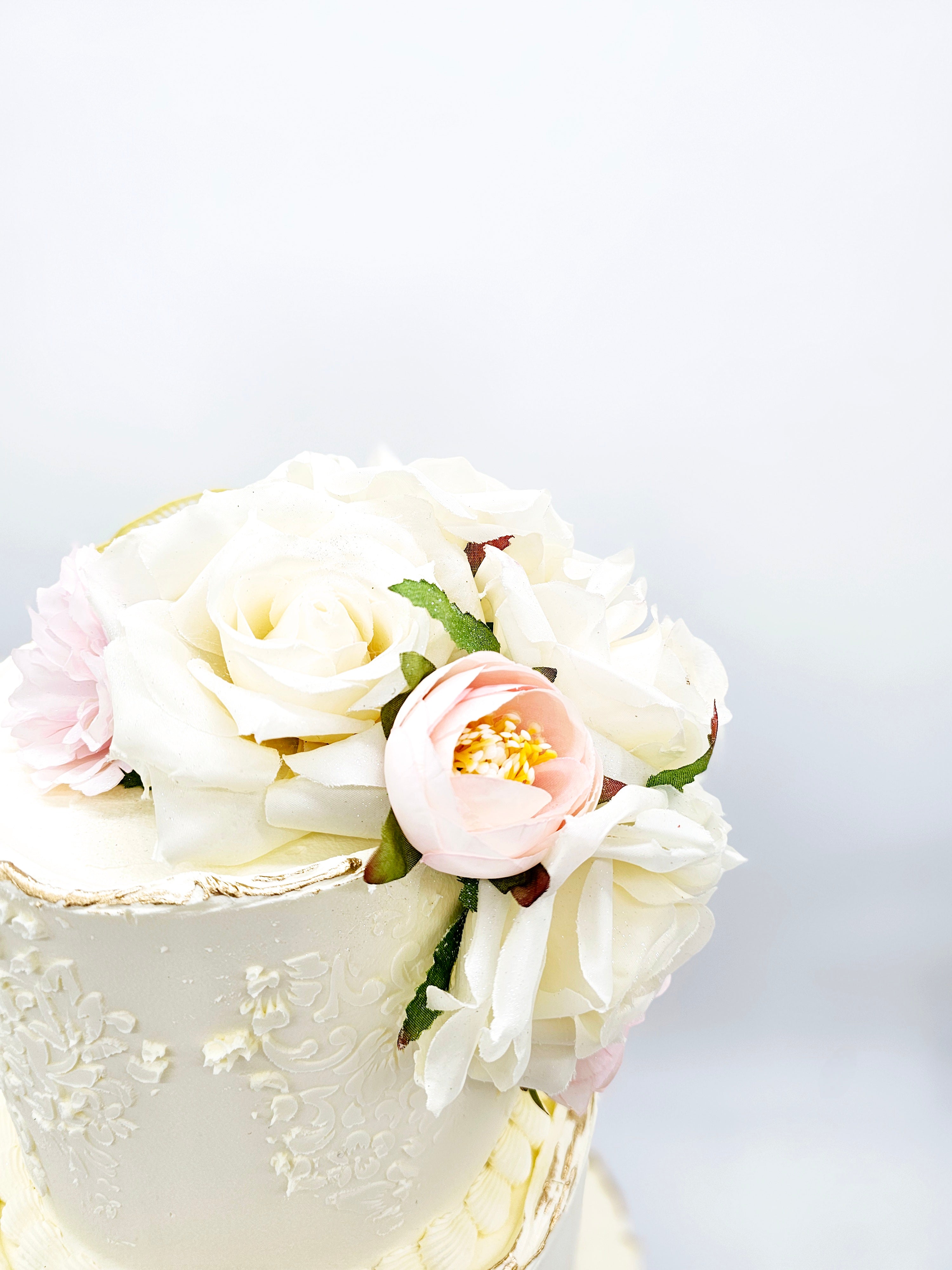 Elegant Stencilled Buttercream Wedding Cake with Gold Accents and Acrylic Initials - Cake Secret