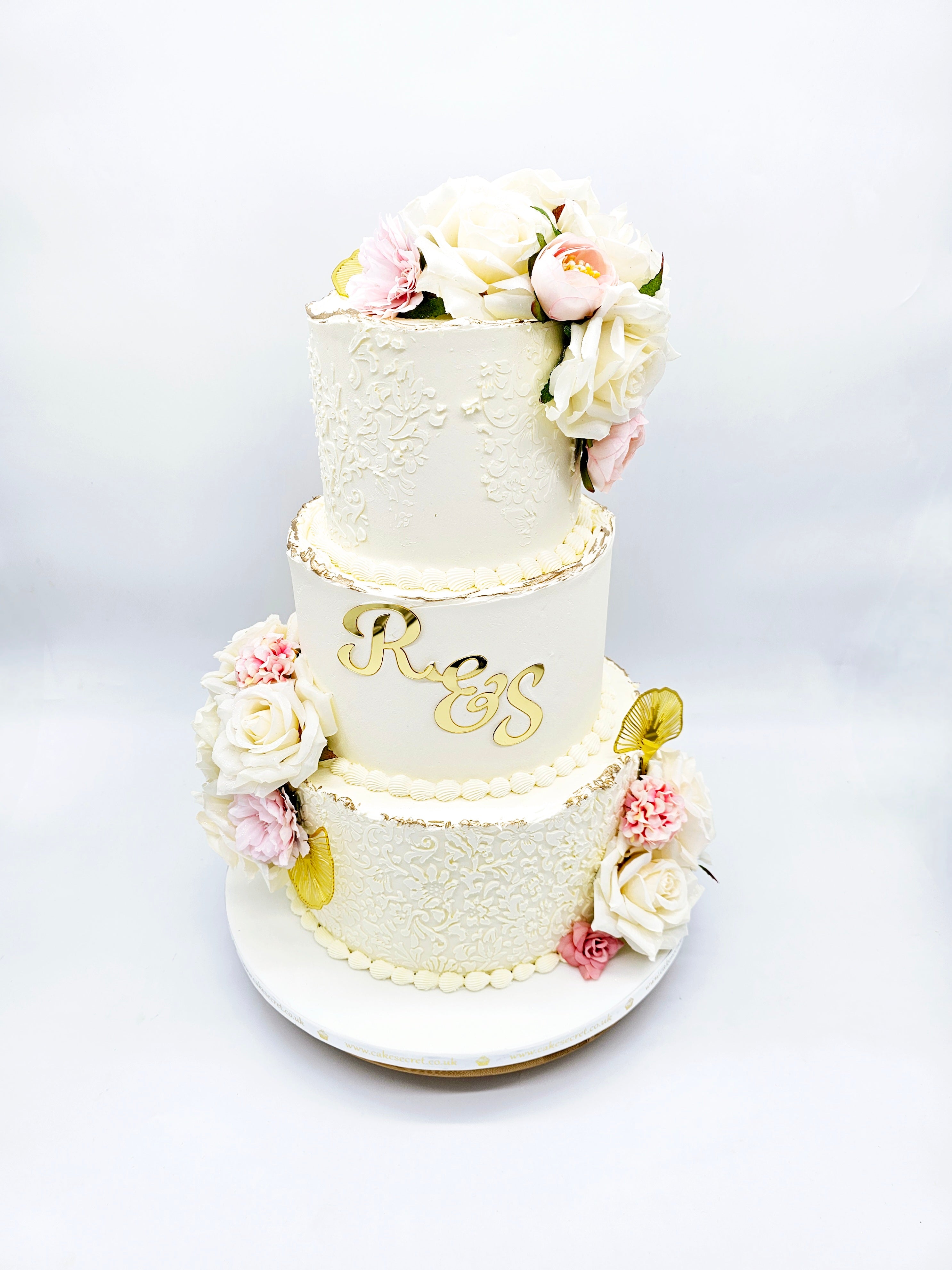 Elegant Stencilled Buttercream Wedding Cake with Gold Accents and Acrylic Initials - Cake Secret
