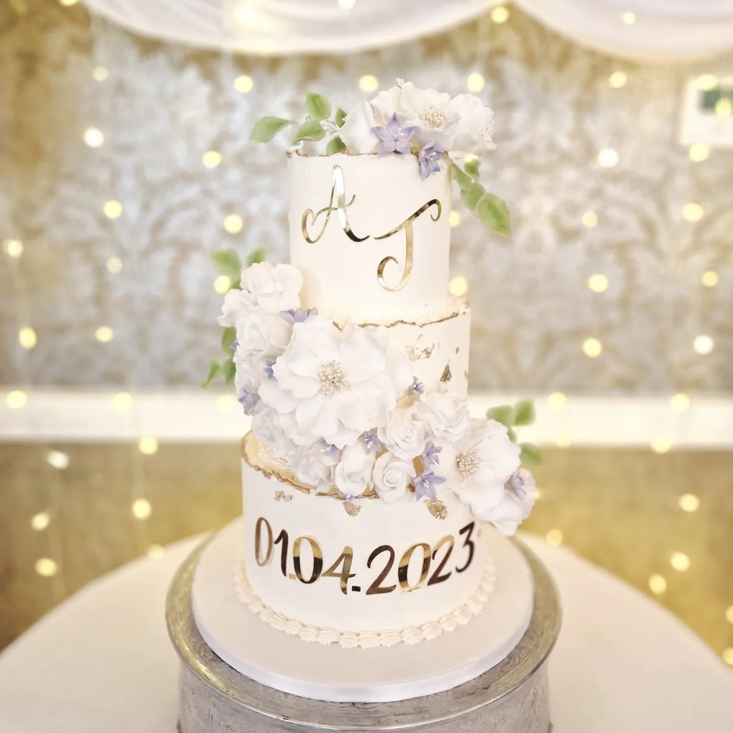 Personalised Buttercream Wedding Cake with Edible Sugar Flowers and Gold Detailing - Cake Secret