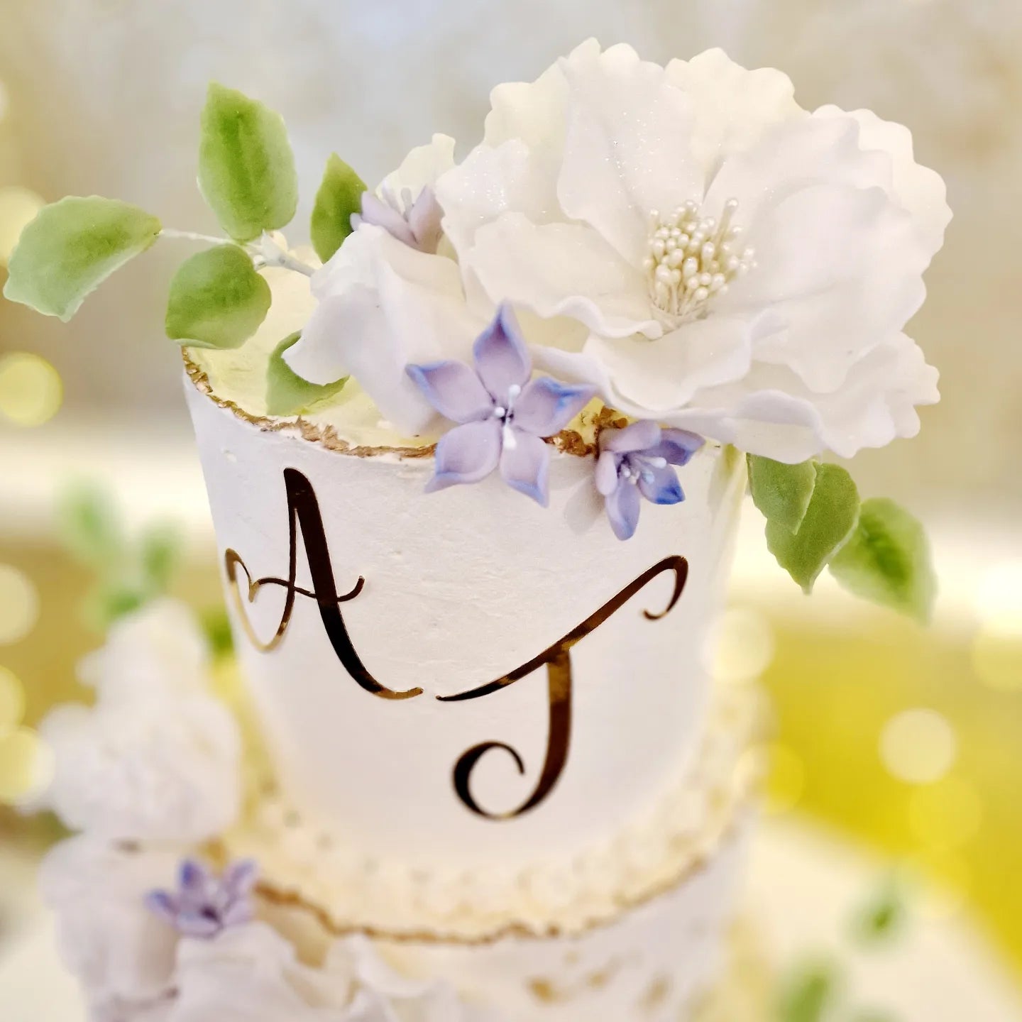 Personalised Buttercream Wedding Cake with Edible Sugar Flowers and Gold Detailing - Cake Secret