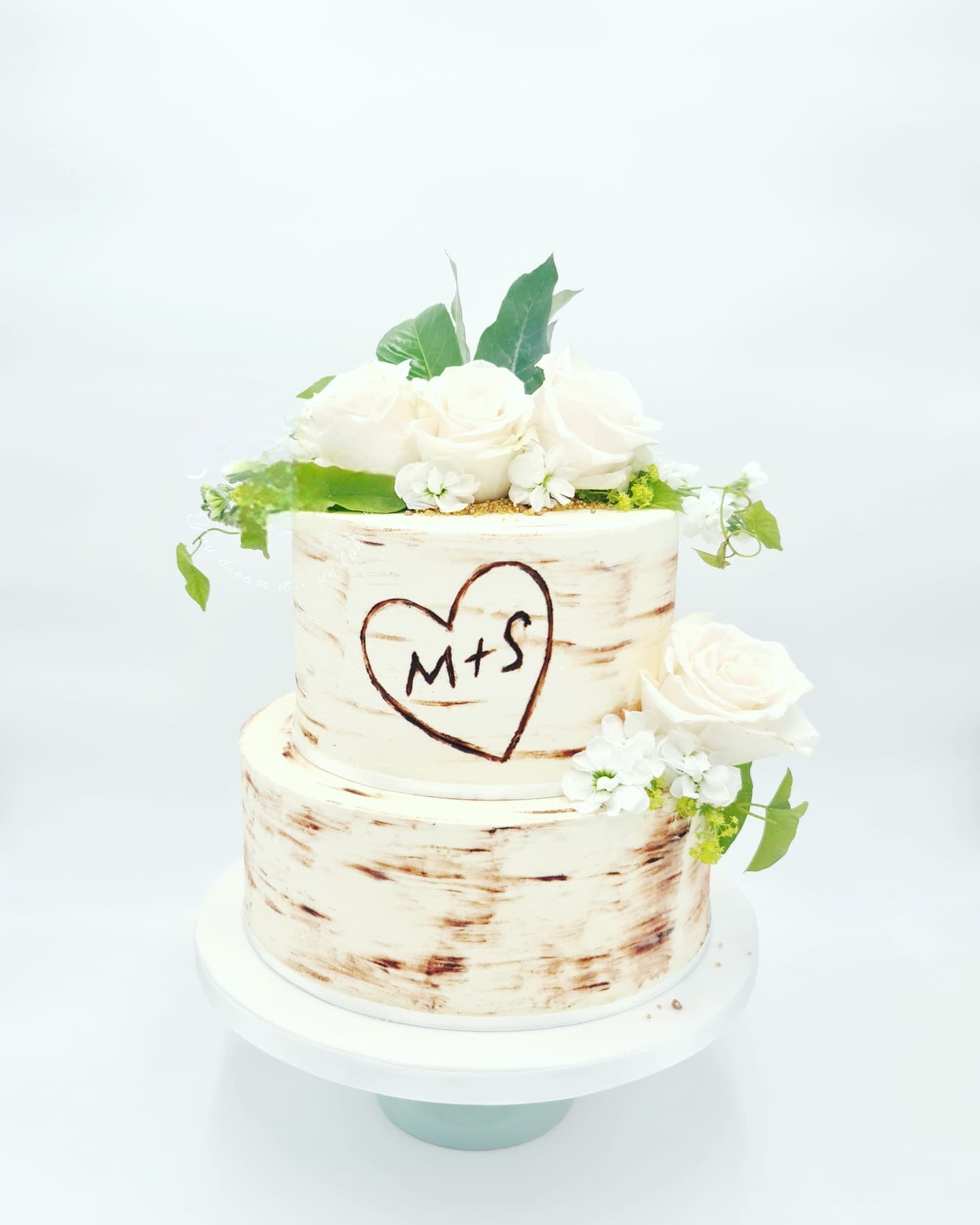 Rustic Romance Wood Effect Wedding Cake with Engraved Initials - Cake Secret