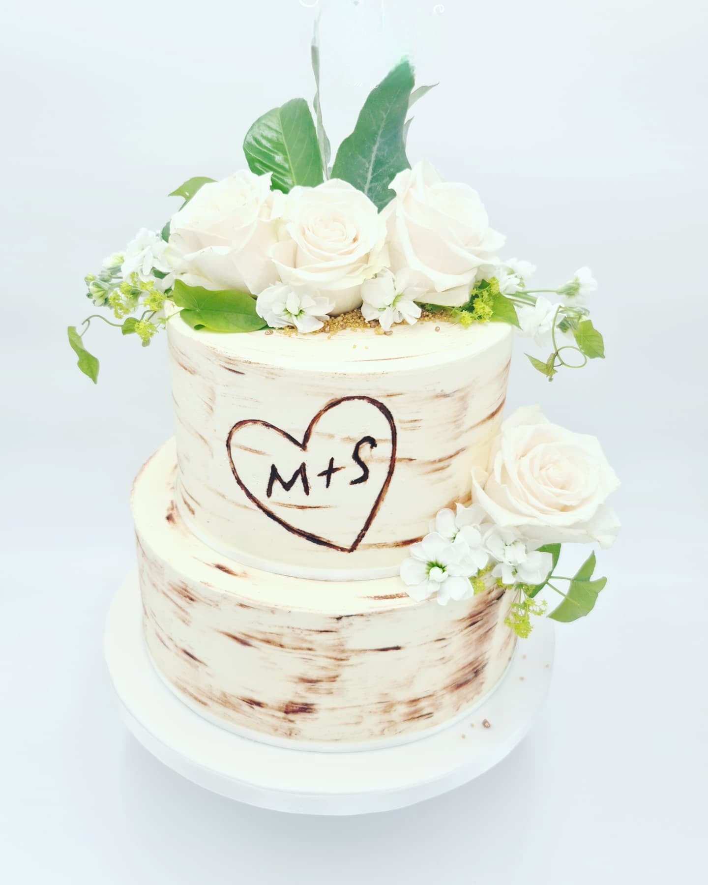 Rustic Romance Wood Effect Wedding Cake with Engraved Initials - Cake Secret