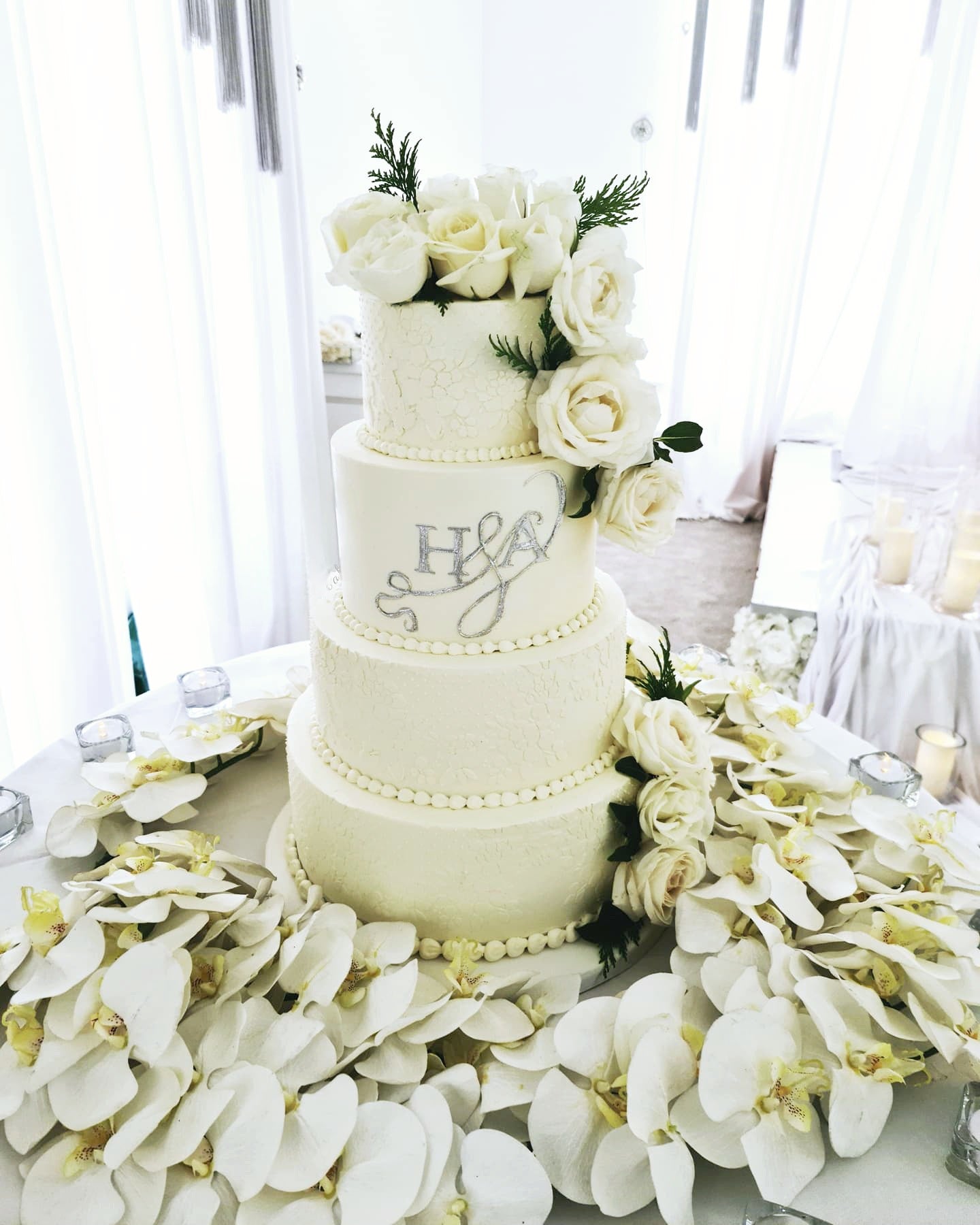Timeless Love Elegant White Buttercream Wedding Cake with Initials and Fresh Flowers - Cake Secret