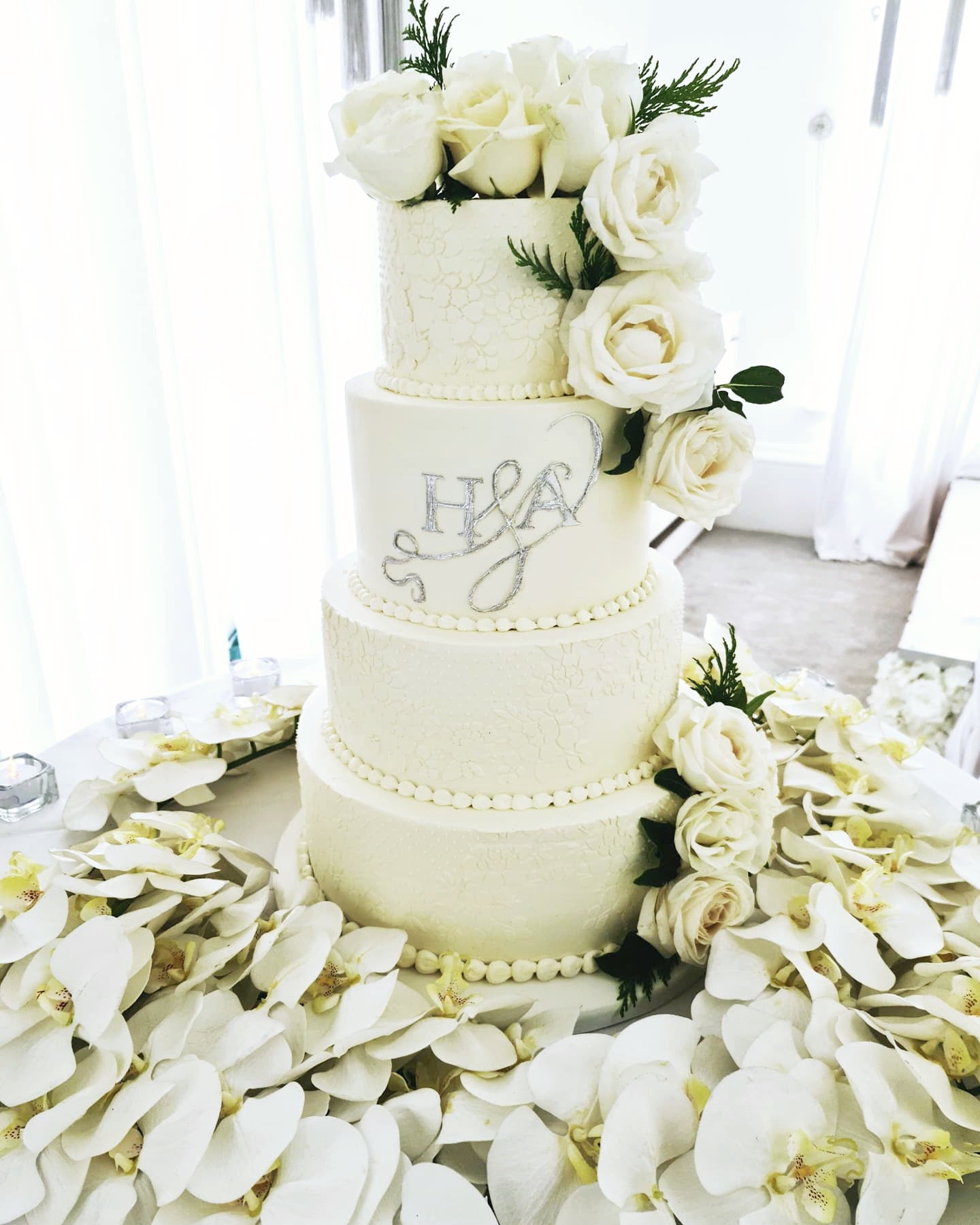 Timeless Love Elegant White Buttercream Wedding Cake with Initials and Fresh Flowers - Cake Secret