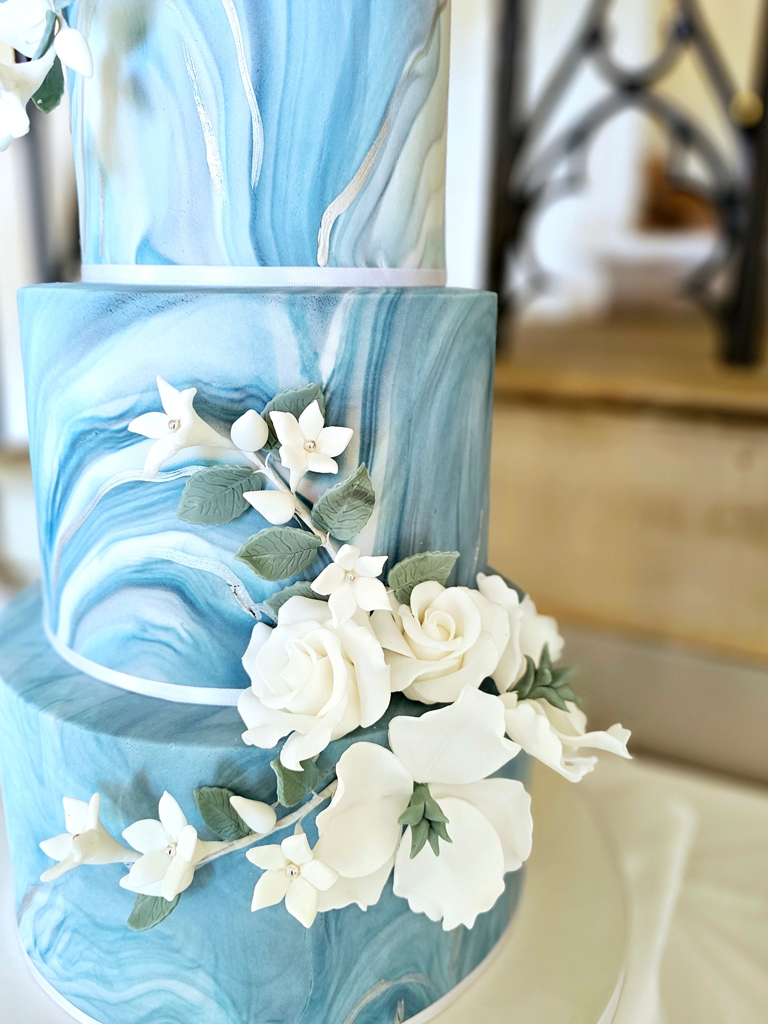 Luxury Marble Effect Sugarpaste Wedding Cake with Handmade Edible Sugar Flowers - Cake Secret