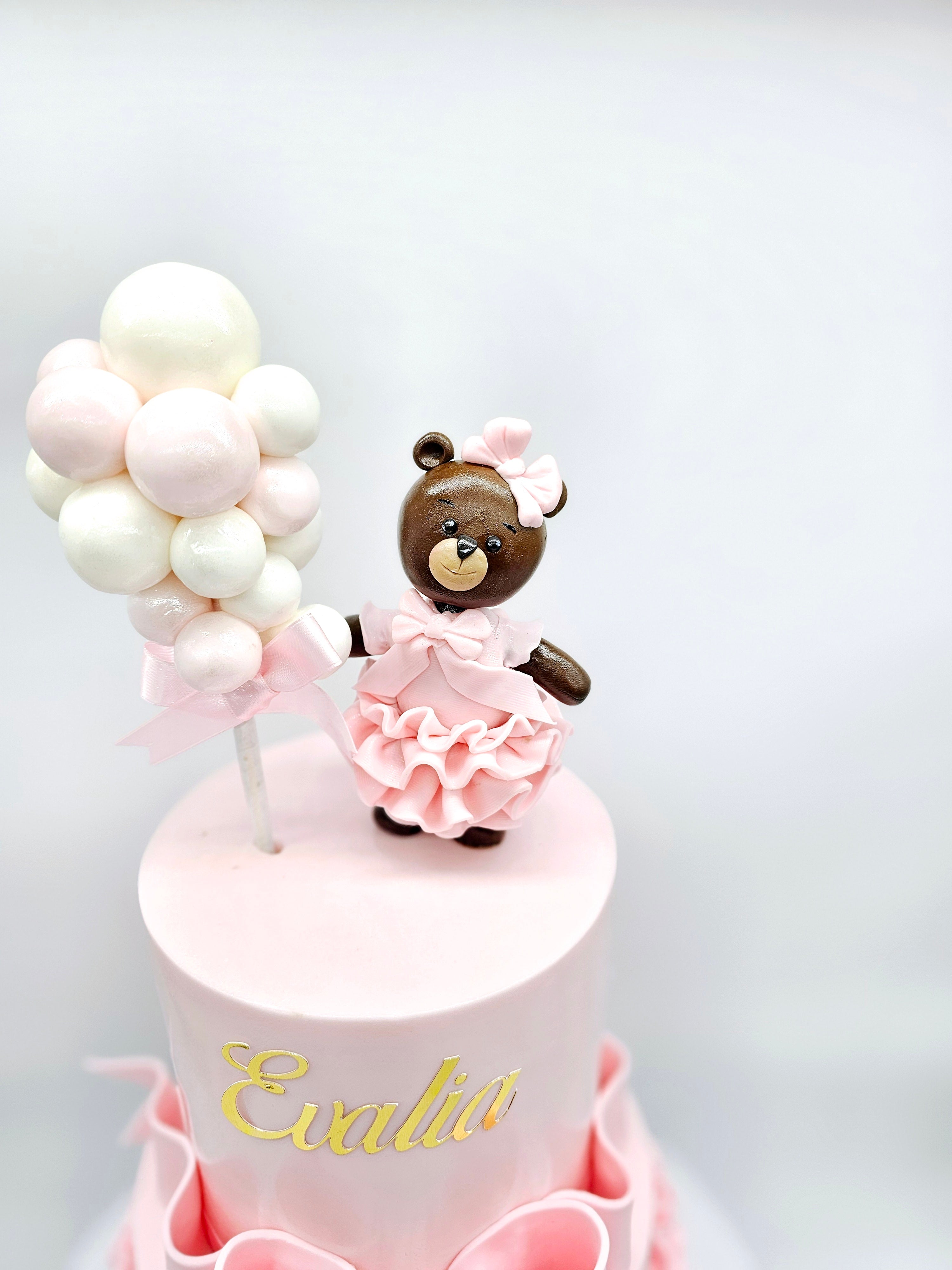 Custom Pink Teddy Bear Fondant Cake with Ruffles & Bow