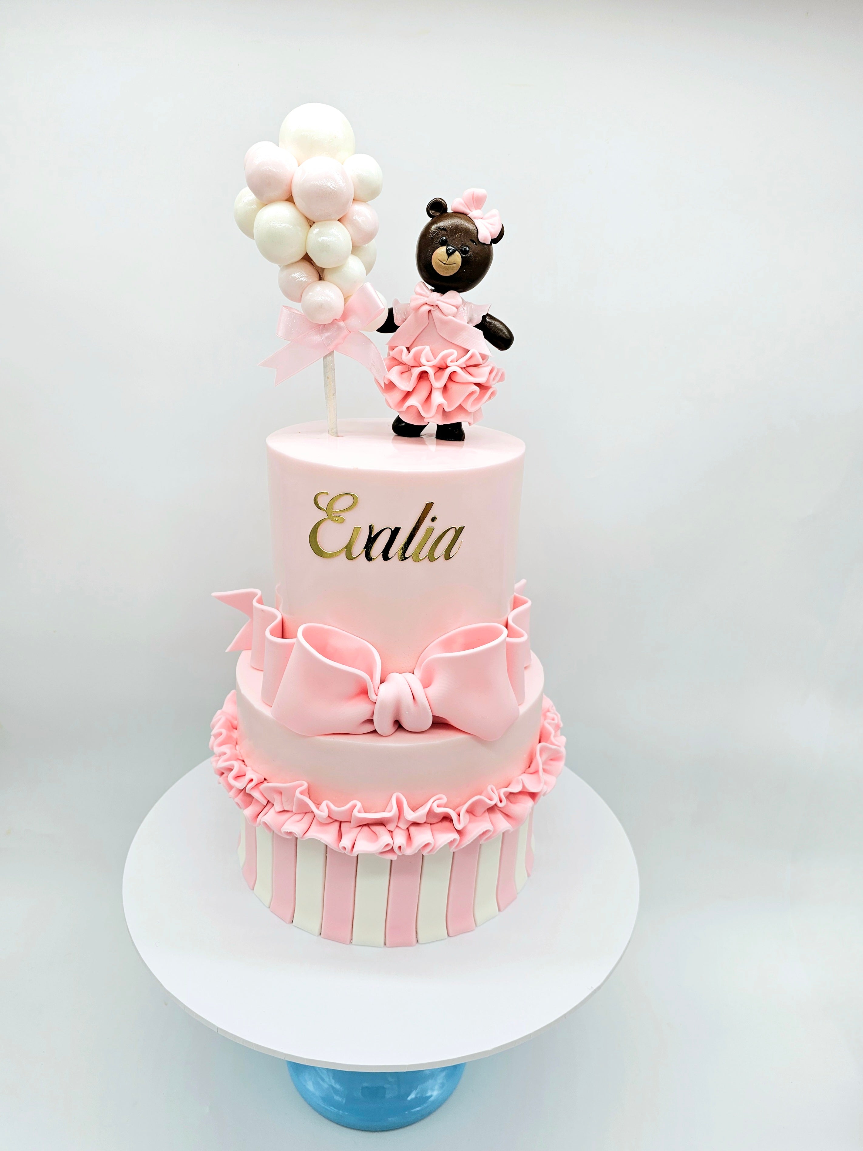 Custom Pink Teddy Bear Fondant Cake with Ruffles & Bow